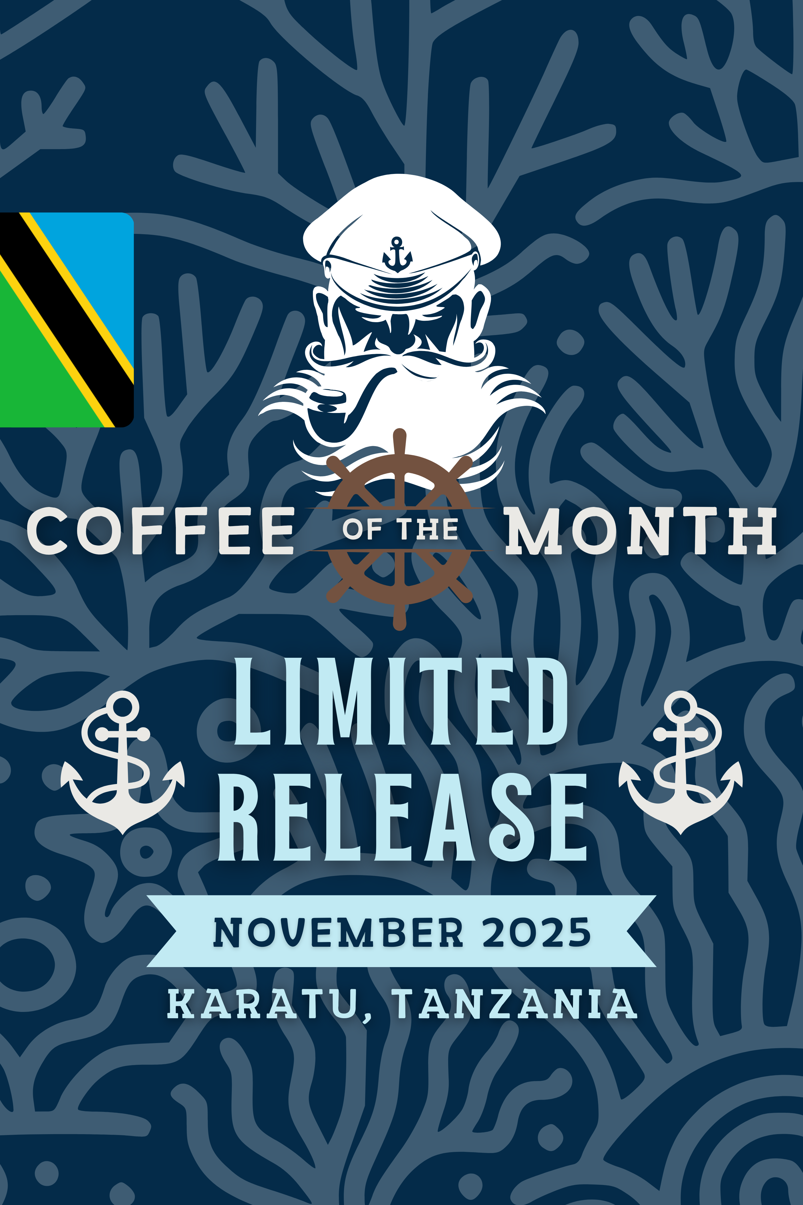 Limited Release Coffee of the Month featuring a nautical design with a captain's silhouette, anchor icons, and a ship's wheel. Ocean-inspired branding for coffee enthusiasts seeking a new journey each month.