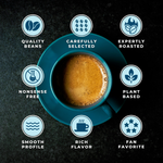 Infographic highlighting key benefits of the coffee: quality beans, carefully selected, expertly roasted, nonsense free, plant based, smooth profile, rich flavor, and fan favorite.
