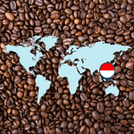 World map overlay on roasted coffee beans with a Indonesia flag marker, highlighting the origin of Indonesian in Asia
