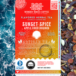 Sunset Spice Apple Cider Rooibos tea packaging featuring a naturally caffeine-free herbal blend with spicy, sweet, and balanced notes. The label design includes a sunset icon over a warm red-orange background, with loose leaf and artisan tea icons. Highlights eco-friendly branding with sustainability logos for 1% for the Planet and CleanHub.