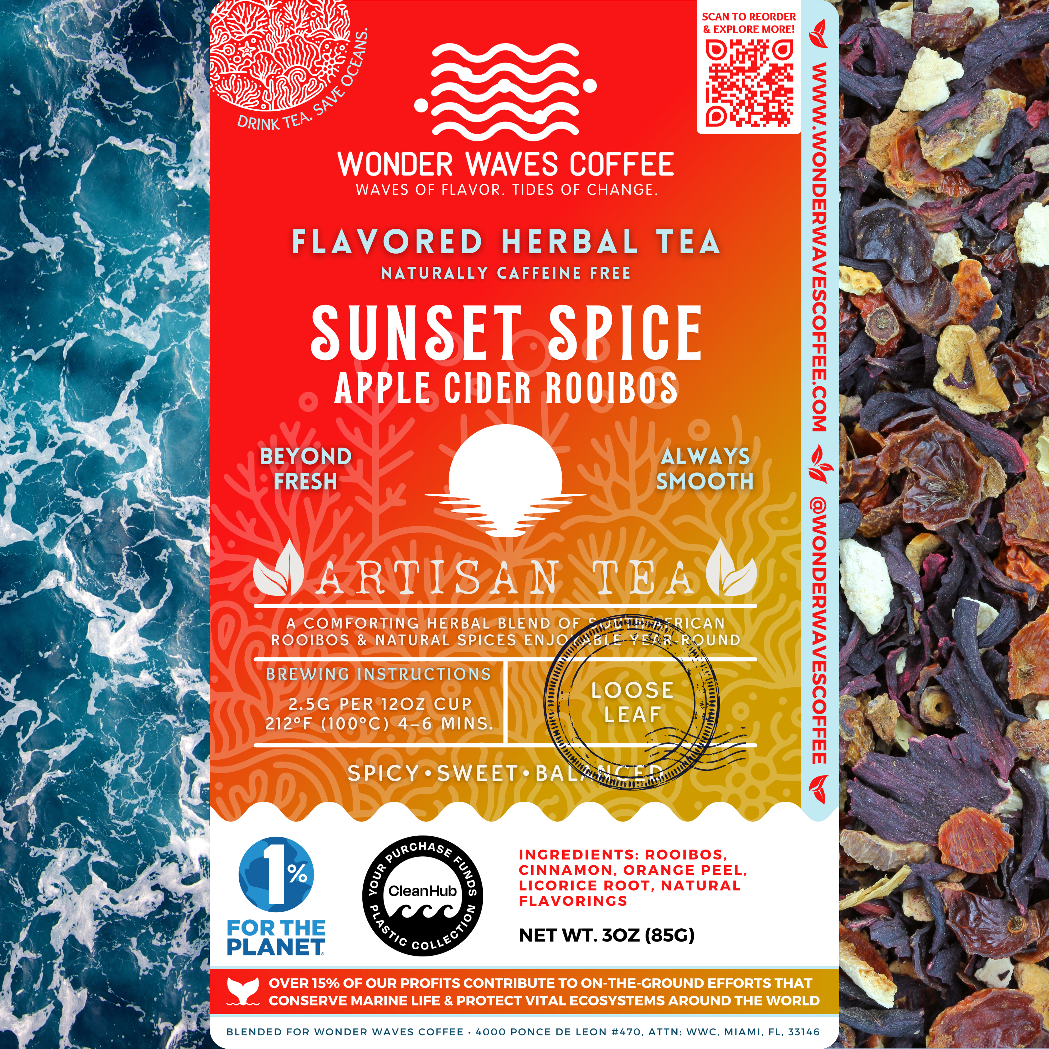 Sunset Spice Apple Cider Rooibos tea packaging featuring a naturally caffeine-free herbal blend with spicy, sweet, and balanced notes. The label design includes a sunset icon over a warm red-orange background, with loose leaf and artisan tea icons. Highlights eco-friendly branding with sustainability logos for 1% for the Planet and CleanHub.