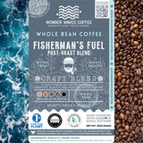 Fisherman’s Fuel Post-Roast Blend coffee packaging featuring a medium-dark roast with hearty, smoky, and robust flavors. Includes icons for whole bean, craft blend, and eco-conscious packaging with a clean ocean design and sustainability logos for CleanHub and World Coffee Research.