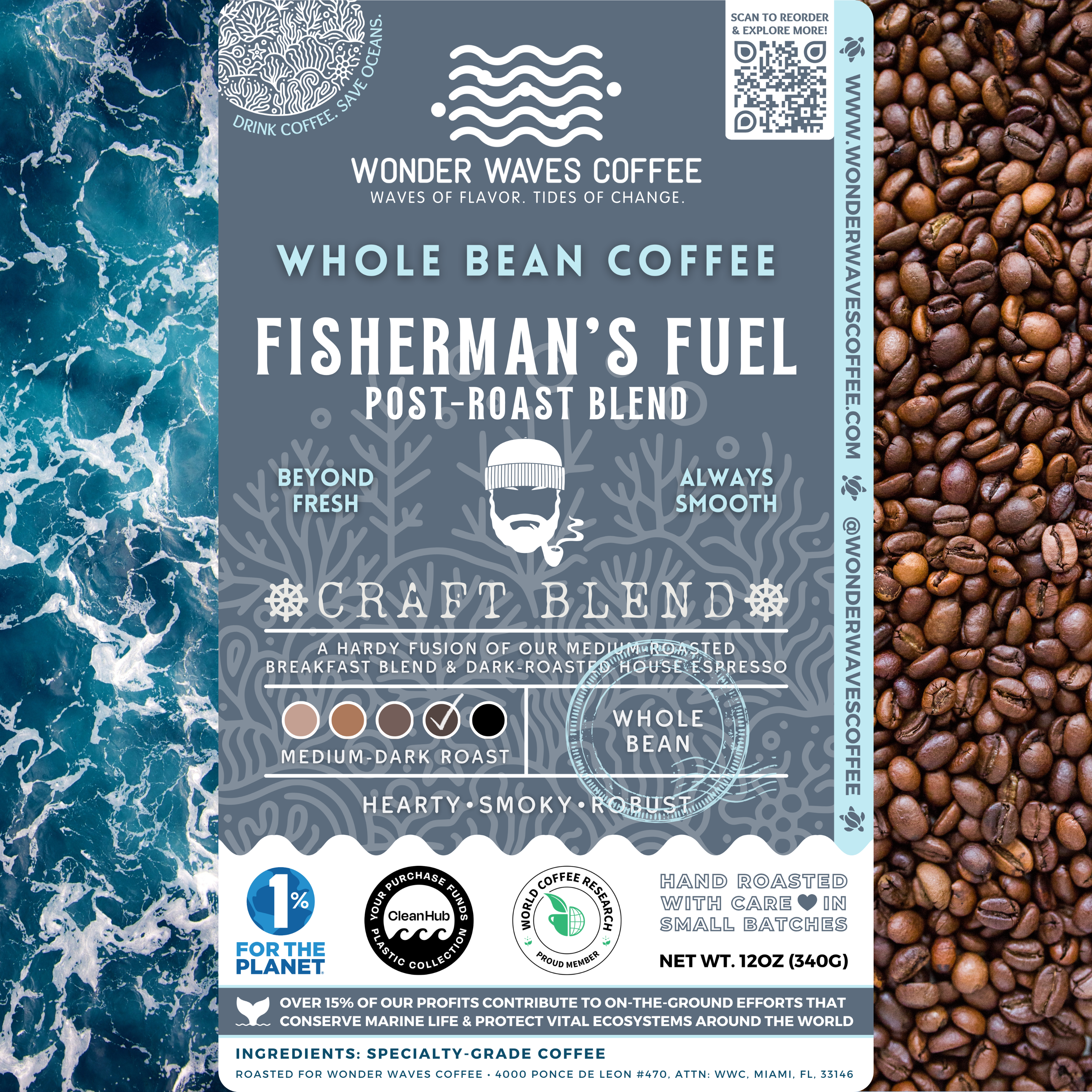 Fisherman’s Fuel Post-Roast Blend coffee packaging featuring a medium-dark roast with hearty, smoky, and robust flavors. Includes icons for whole bean, craft blend, and eco-conscious packaging with a clean ocean design and sustainability logos for CleanHub and World Coffee Research.