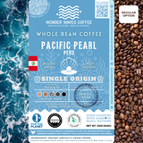 Pacific Pearl Peru coffee packaging featuring a medium roast with medium acidity and smooth body. Flavor notes include herbal, lemon, and chocolate. Sourced from the Amazonas region at 1,500–1,800 MASL. Includes icons for whole bean and eco-conscious packaging with a clean ocean design and sustainability logos for CleanHub, World Coffee Research, and 1% for the Planet.