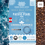 Pacific Pearl Peru decaffeinated coffee packaging featuring a medium roast with medium acidity and smooth body. Flavor notes include herbal, lemon, and chocolate. Sourced from the Amazonas region at 1,500–1,800 MASL and decaffeinated using the Swiss Water® Process. Includes icons for whole bean and eco-conscious packaging with a clean ocean design and sustainability logos for CleanHub, World Coffee Research, 1% for the Planet, and Swiss Water.