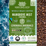 Mangrove Mist Tanzania coffee packaging featuring a light-medium roast with bright acidity and a rounded body. Flavor notes include fruity, cranberry, and lemon. Sourced from the Mount Kilimanjaro region at 1,200–2,000 MASL. Includes icons for whole bean and eco-conscious packaging with a clean ocean design and sustainability logos for CleanHub, World Coffee Research, and 1% for the Planet.