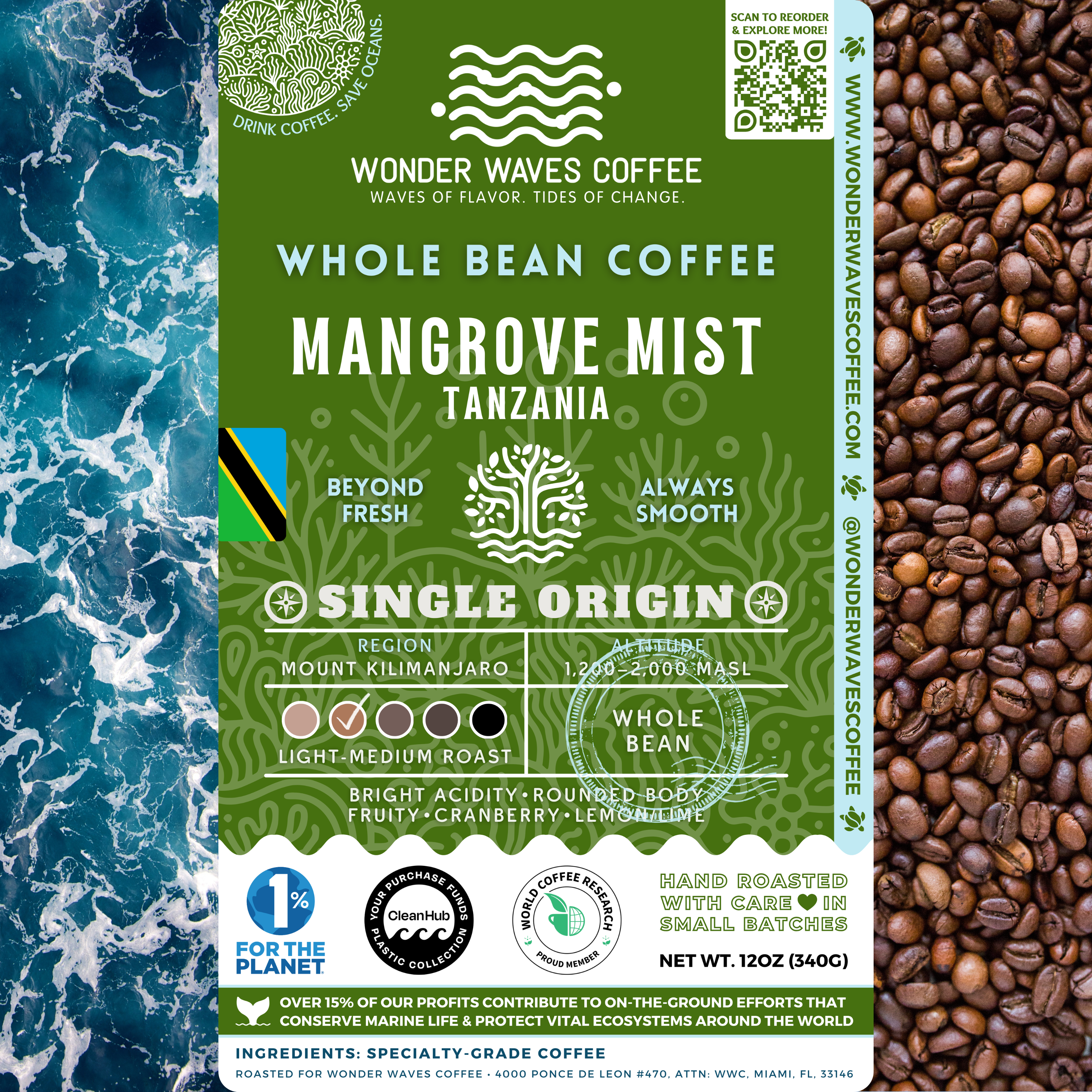 Mangrove Mist Tanzania coffee packaging featuring a light-medium roast with bright acidity and a rounded body. Flavor notes include fruity, cranberry, and lemon. Sourced from the Mount Kilimanjaro region at 1,200–2,000 MASL. Includes icons for whole bean and eco-conscious packaging with a clean ocean design and sustainability logos for CleanHub, World Coffee Research, and 1% for the Planet.