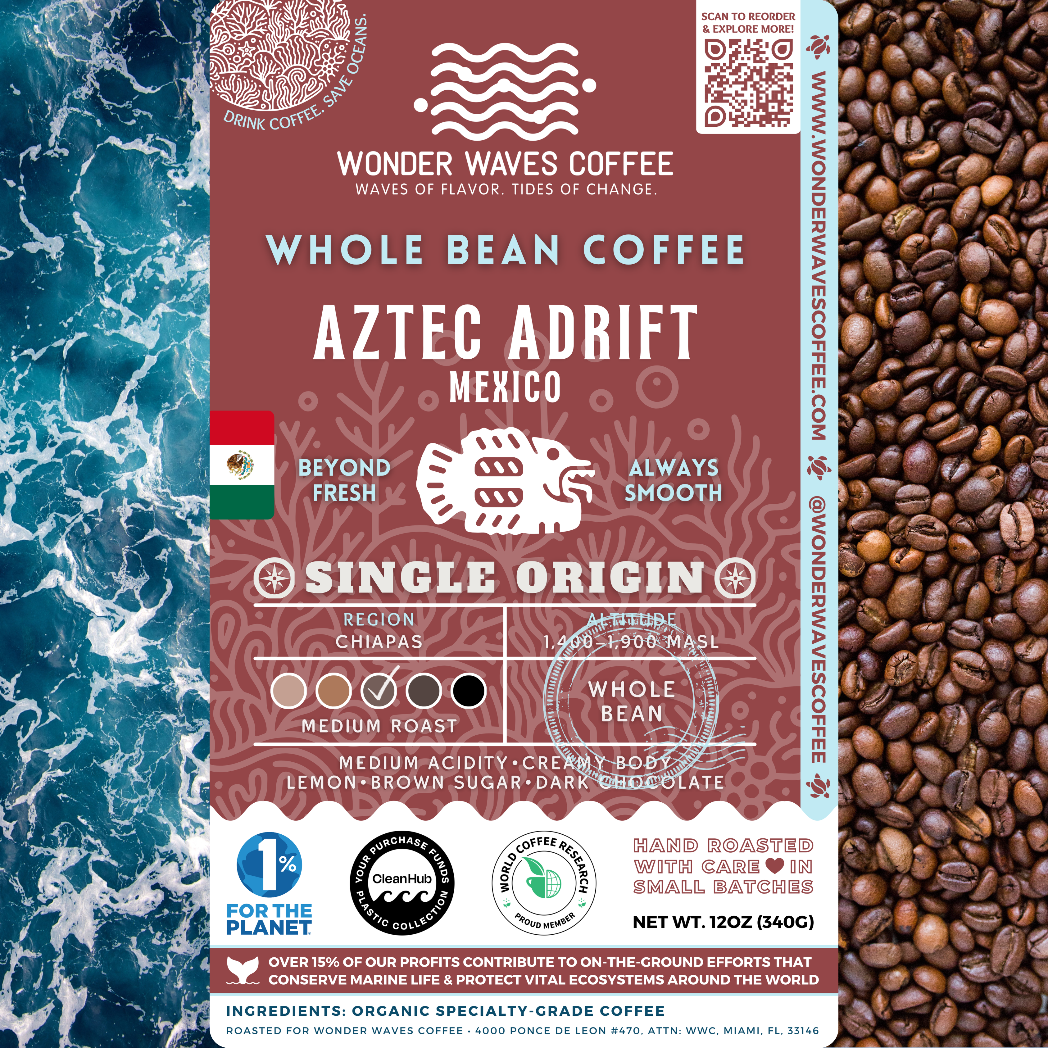 Aztec Adrift Mexico coffee packaging featuring a medium roast with medium acidity and creamy body. Flavor notes include lemon, brown sugar, and dark chocolate. Sourced from the Chiapas region at 1,200–1,900 MASL. Includes icons for whole bean and eco-conscious packaging with a clean ocean design and sustainability logos for CleanHub, World Coffee Research, and 1% for the Planet.