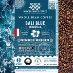 Bali Blue Indonesia coffee packaging featuring a medium-dark roast with notes of chocolate, orange peel, juniper, and molasses. Grown in the Kintamani Highlands at 1,200–1,600 MASL, this single origin features medium acidity and body. Includes icons for whole bean and eco-conscious packaging with a clean ocean design and sustainability logos for CleanHub, World Coffee Research, and 1% for the Planet.