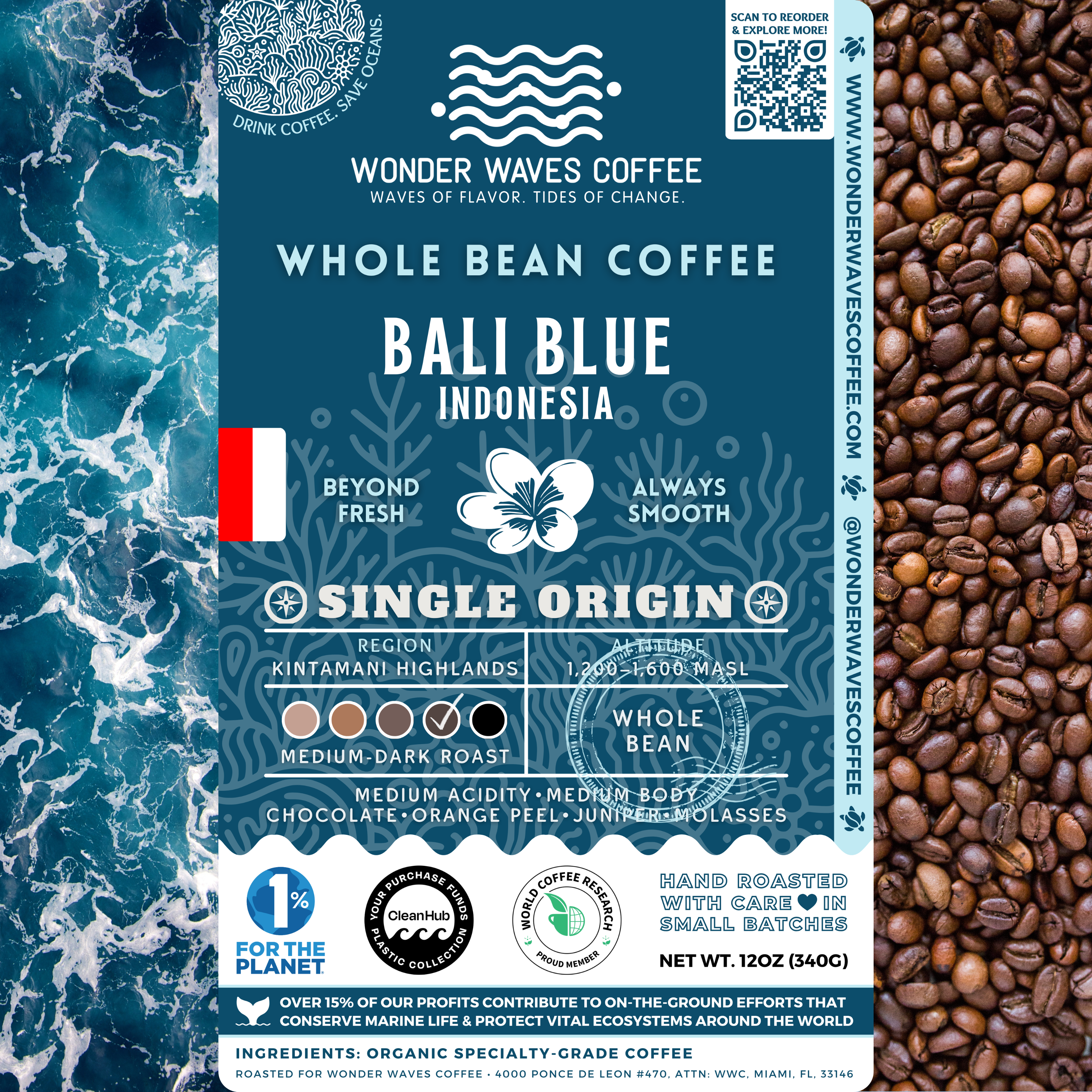 Bali Blue Indonesia coffee packaging featuring a medium-dark roast with notes of chocolate, orange peel, juniper, and molasses. Grown in the Kintamani Highlands at 1,200–1,600 MASL, this single origin features medium acidity and body. Includes icons for whole bean and eco-conscious packaging with a clean ocean design and sustainability logos for CleanHub, World Coffee Research, and 1% for the Planet.