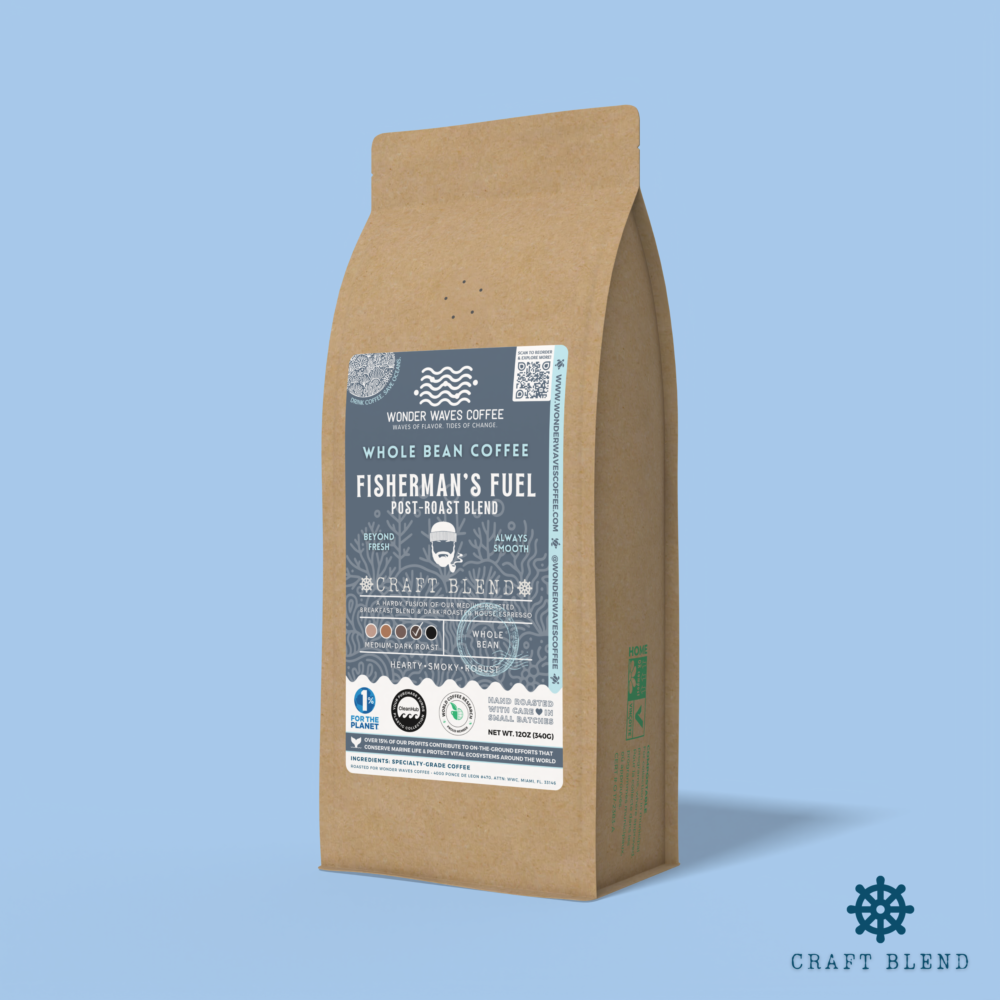 Fisherman’s Fuel Post-Roast Blend whole bean coffee packaging with a rustic kraft bag design, featuring a blue ocean-themed label with a fisherman illustration, coffee roast icons, and the ‘Craft Blend’ label. Includes branding for Wonder Waves Coffee, emphasizing its medium-dark roast and eco-friendly packaging.