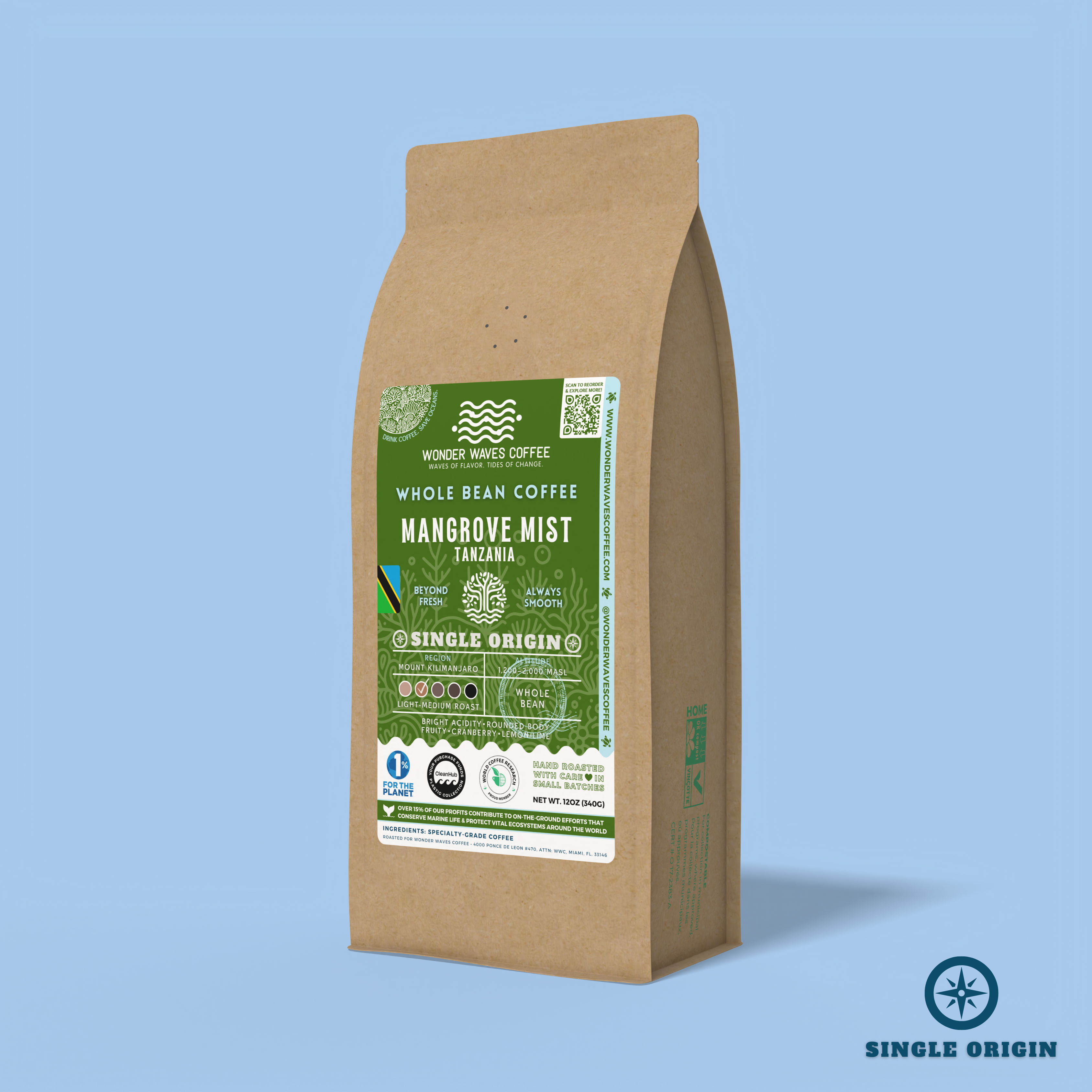 Mangrove Mist Tanzania whole bean coffee packaging with a rustic kraft bag design, featuring a green ocean-themed label with a mangrove tree illustration, coffee roast icons, and the ‘Single Origin’ label. Includes branding for Wonder Waves Coffee, highlighting its light-medium roast and eco-friendly packaging.