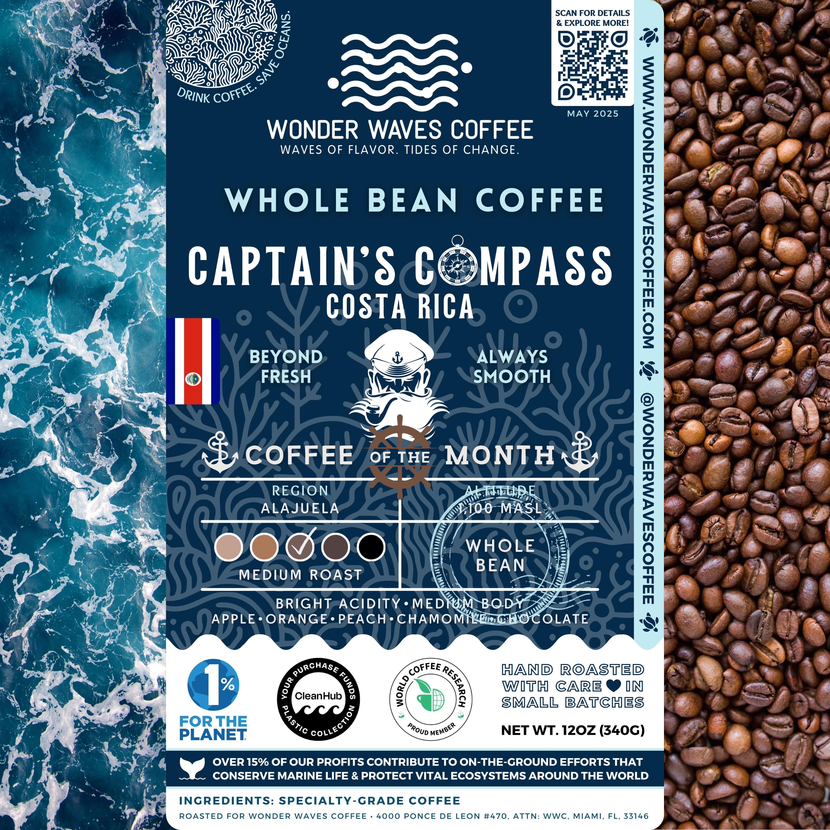 Captain’s Compass Costa Rica coffee packaging featuring a medium roast with bright acidity and medium body. Flavor notes include apple, orange, peach, chamomile, and chocolate. Sourced from the Alajuela region at 1,100 MASL. Includes icons for whole bean and eco-conscious packaging with a clean ocean design and sustainability logos for CleanHub, World Coffee Research, and 1% for the Planet. Marked as Coffee of the Month for May 2025.