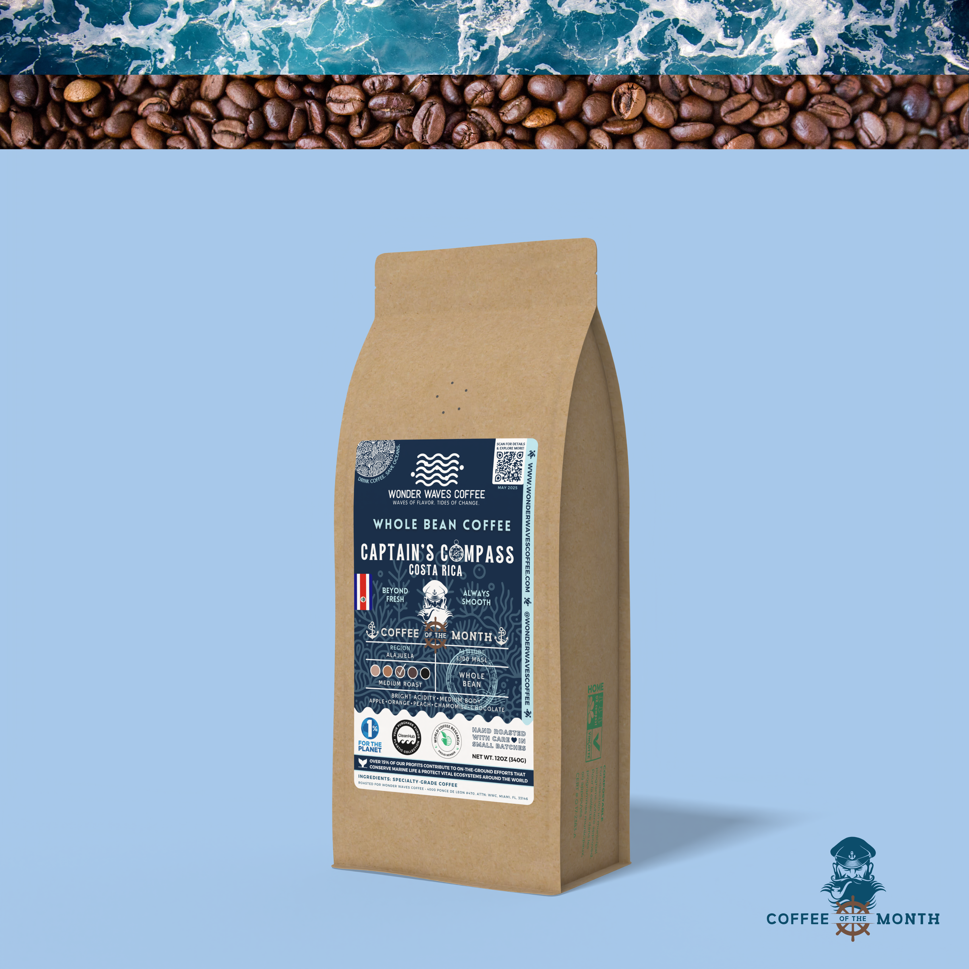 Captain’s Compass Costa Rica whole bean coffee packaging with a rustic kraft bag design, featuring a navy blue ocean-themed label marked as “Coffee of the Month,” with a sailor and ship wheel illustration, coffee roast icons, and the Wonder Waves Coffee brand. Highlights its medium roast and eco-conscious packaging.
