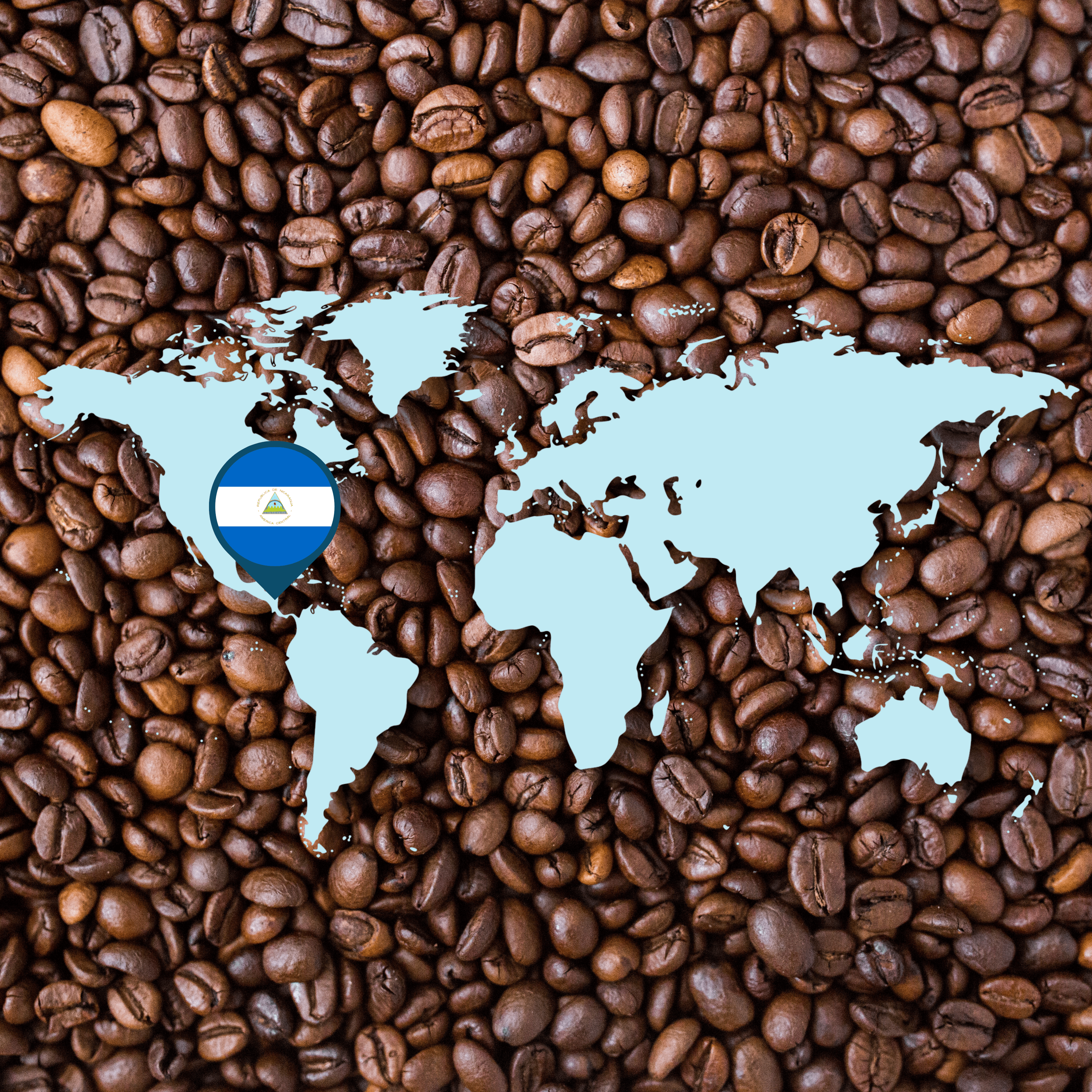 World map overlay on roasted coffee beans with a Nicaragua flag marker, highlighting the origin of Nicaraguan coffee in Central America