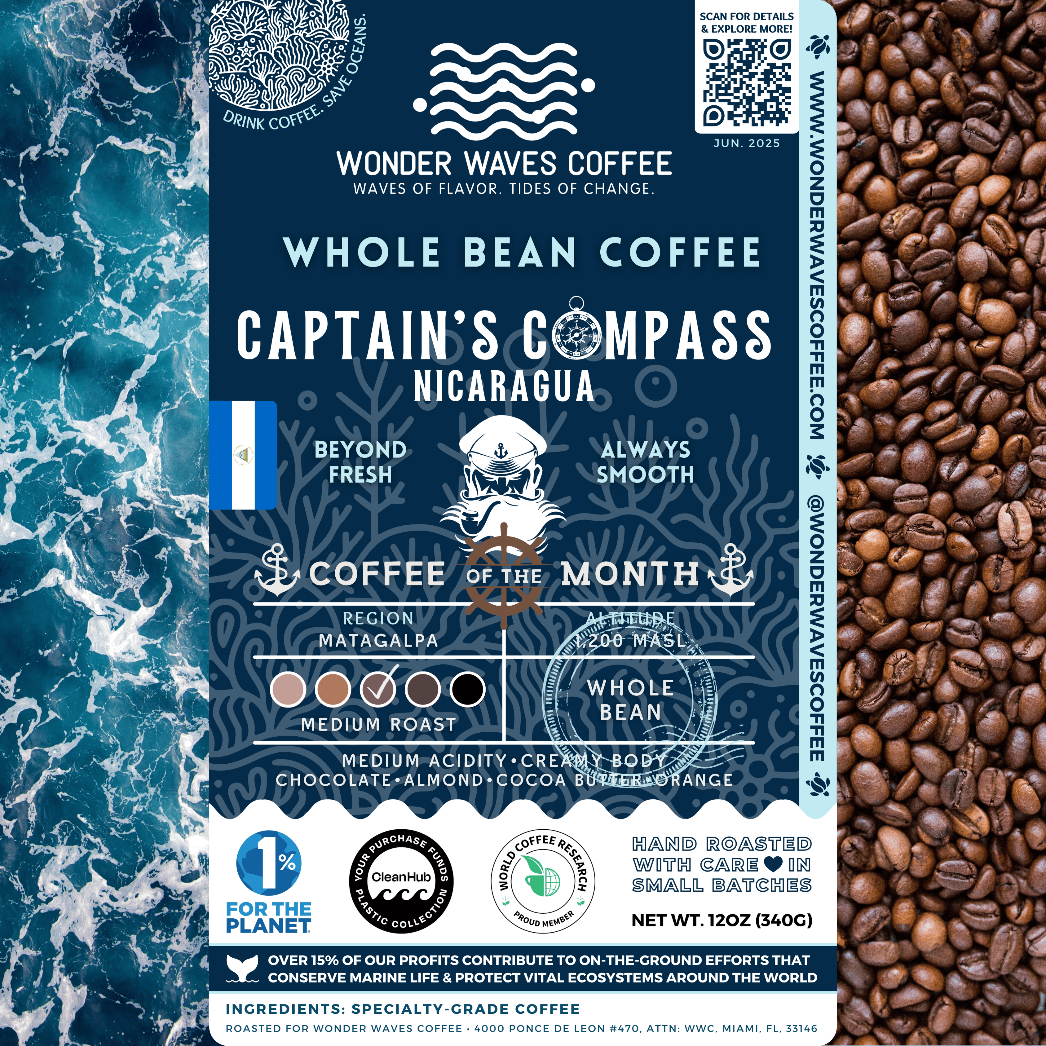 Captain’s Compass Nicaraguan coffee packaging featuring a medium roast with medium acidity and creamy body. Flavor notes include chocolate, almond, cocoa butter, and orange. Sourced from the Matagalpa region at 1,200 MASL. Includes icons for whole bean and eco-conscious packaging with a clean ocean design and sustainability logos for CleanHub, World Coffee Research, and 1% for the Planet. Marked as Coffee of the Month for June 2025.