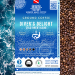 Diver’s Delight Cold Brew Blend coffee packaging featuring a medium roast with rich, refreshing, and crisp flavor notes. Includes icons for whole bean, signature blend, and eco-conscious packaging. Set against a clean ocean-inspired design with sustainability logos for CleanHub, World Coffee Research, and 1% for the Planet.