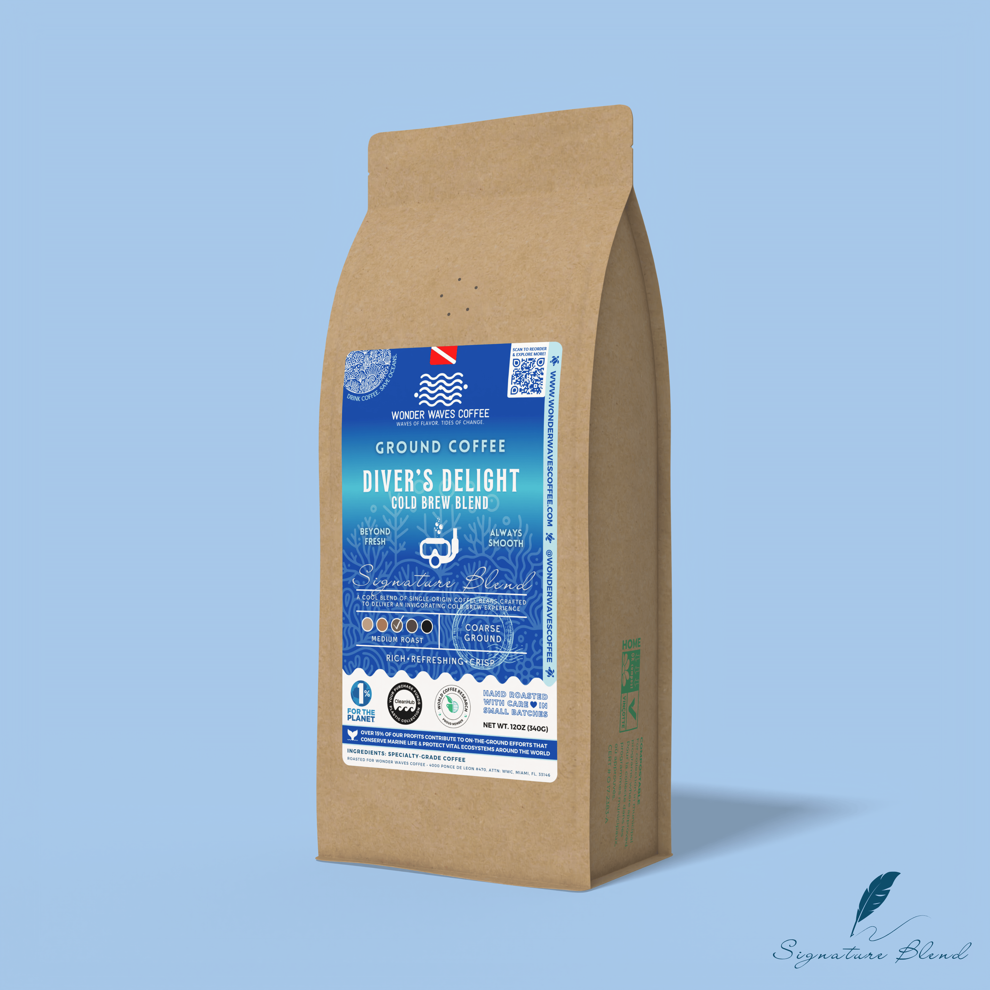 Diver’s Delight Cold Brew Blend whole bean coffee packaging with a rustic kraft bag design, featuring a gradient blue ocean-themed label with a diver mask illustration, coffee roast icons, and the ‘Signature Blend’ label. Includes branding for Wonder Waves Coffee, emphasizing its medium roast and eco-friendly packaging.