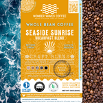 Seaside Sunrise Breakfast Blend coffee packaging featuring a medium roast with mellow, comforting, and balanced flavor notes. Includes icons for whole bean and craft blend. Features a clean ocean design with sustainability logos for CleanHub, World Coffee Research, and 1% for the Planet.