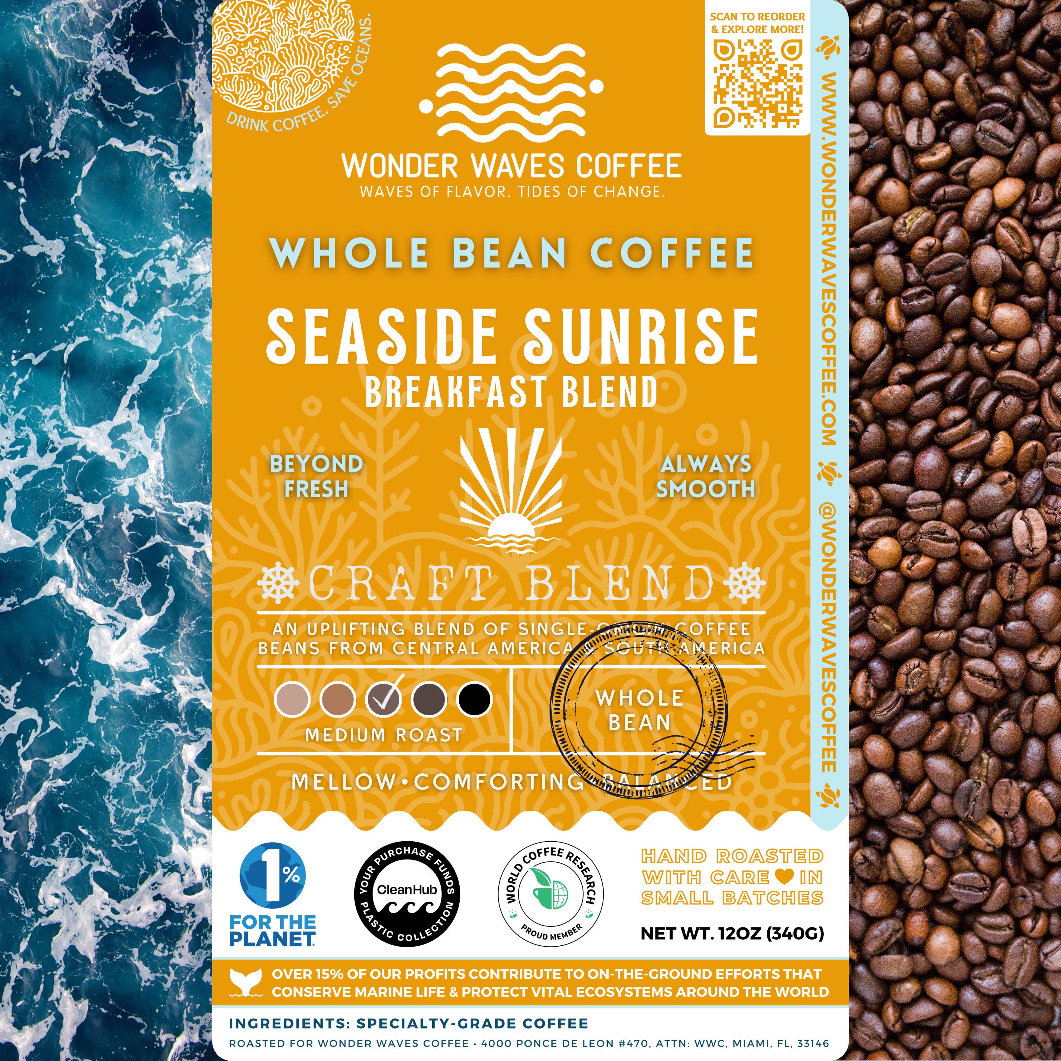 Seaside Sunrise Breakfast Blend coffee packaging featuring a medium roast with mellow, comforting, and balanced flavor notes. Includes icons for whole bean and craft blend. Features a clean ocean design with sustainability logos for CleanHub, World Coffee Research, and 1% for the Planet.
