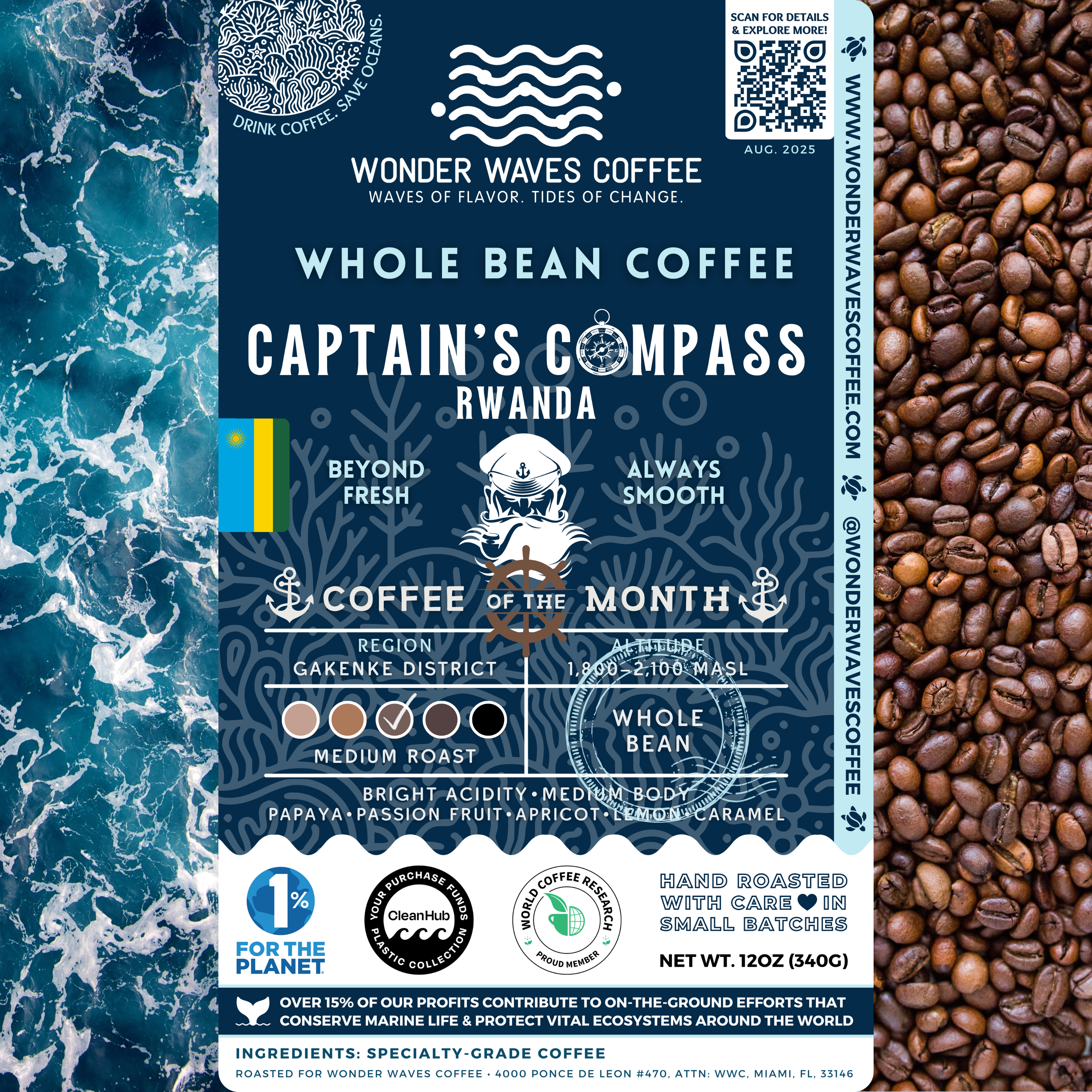 Captain’s Compass Rwandan coffee packaging featuring a medium roast with bright acidity and medium body. Flavor notes include papaya, passion fruit, apricot, lemon, and caramel. Sourced from the Matagalpa region at 1,800–2,100 MASL. Includes icons for whole bean and eco-conscious packaging with a clean ocean design and sustainability logos for CleanHub, World Coffee Research, and 1% for the Planet. Marked as Coffee of the Month for August 2025.