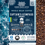 Captain’s Compass Rwandan coffee packaging featuring a medium roast with bright acidity and medium body. Flavor notes include papaya, passion fruit, apricot, lemon, and caramel. Sourced from the Matagalpa region at 1,800–2,100 MASL. Includes icons for whole bean and eco-conscious packaging with a clean ocean design and sustainability logos for CleanHub, World Coffee Research, and 1% for the Planet. Marked as Coffee of the Month for August 2025.