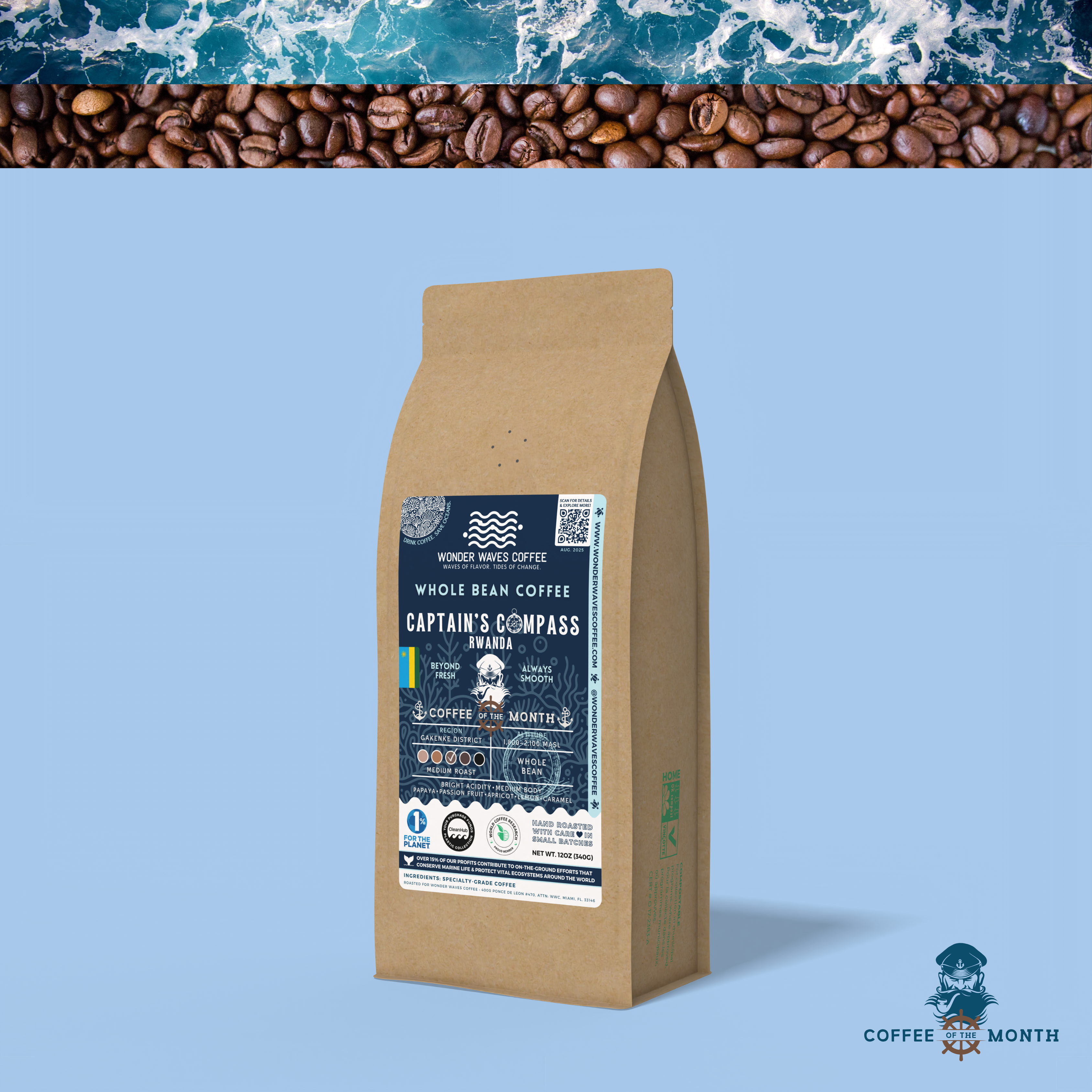 Captain’s Compass Rwandan coffee packaging featuring a medium roast with bright acidity and medium body. Flavor notes include papaya, passion fruit, apricot, lemon, and caramel. Sourced from the Gakenke region at 1,800–2,100 MASL. Includes icons for whole bean and eco-conscious packaging with a clean ocean design and sustainability logos for CleanHub, World Coffee Research, and 1% for the Planet. Marked as Coffee of the Month for August 2025.