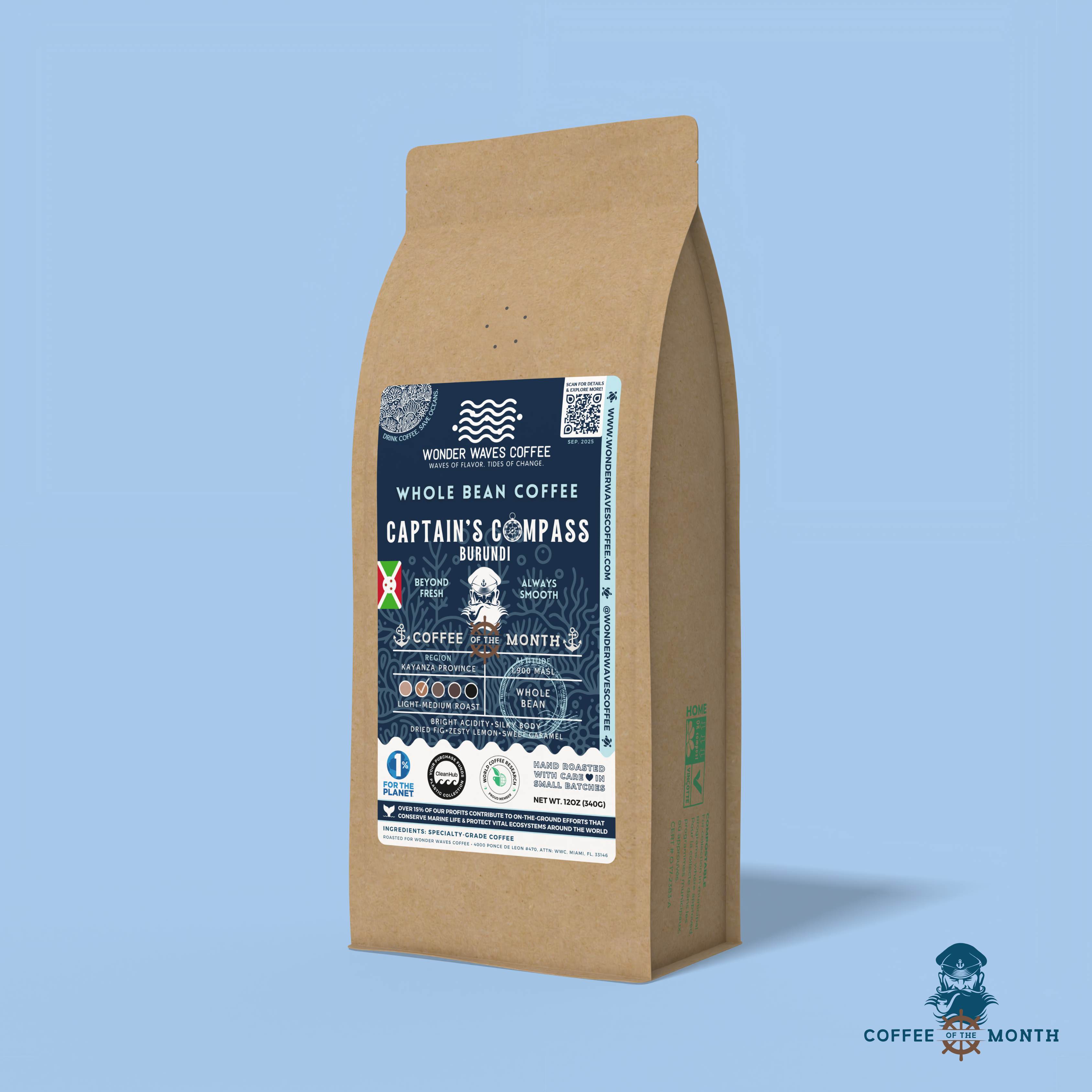 Captain’s Compass Burundi coffee packaging featuring a light-medium roast with bright acidity and medium body. Flavor notes include dried fig, zesty lemon, and sweet caramel. Sourced from the Kazanza Province at 1,900 MASL. Includes icons for whole bean and eco-conscious packaging with a clean ocean design and sustainability logos for CleanHub, World Coffee Research, and 1% for the Planet. Marked as Coffee of the Month for September 2025.