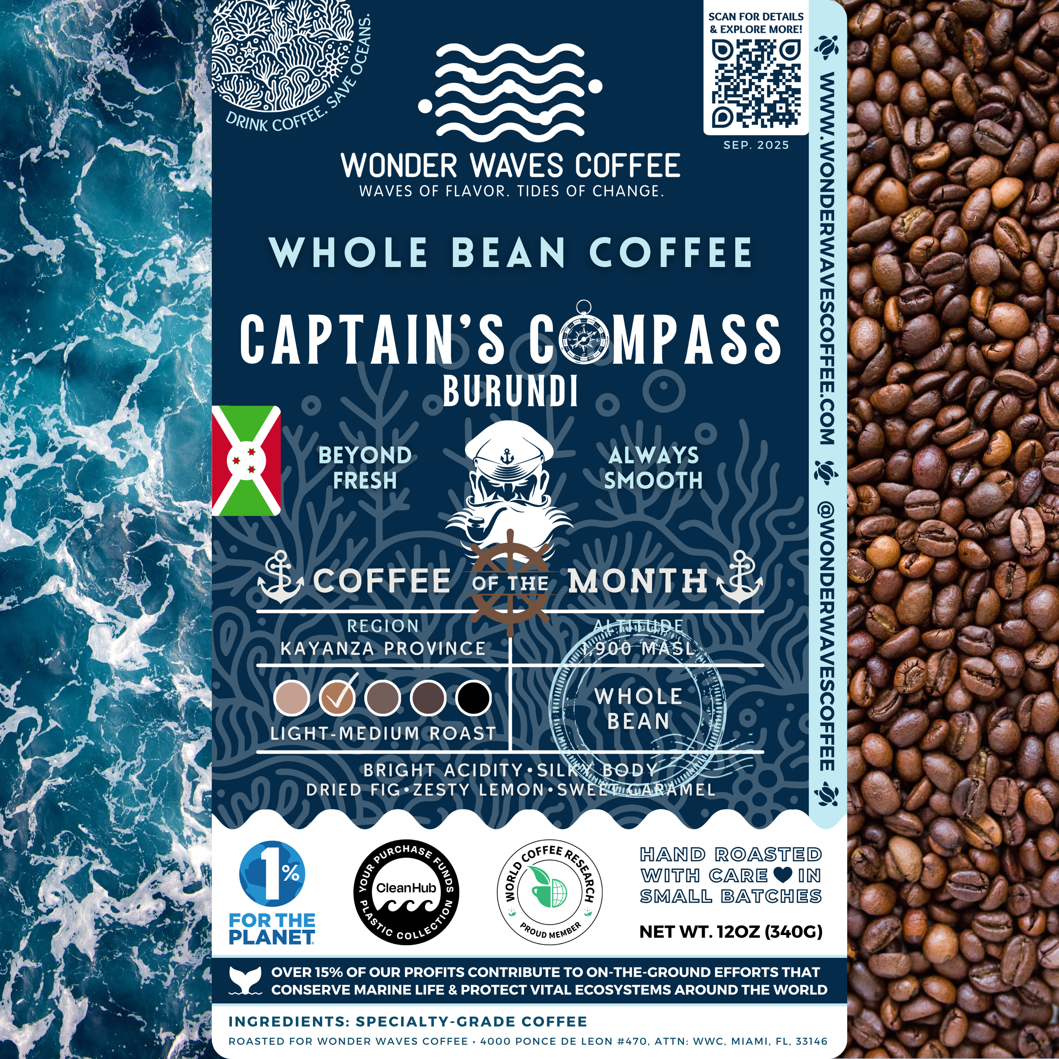 Captain’s Compass Burundi coffee packaging featuring a light-medium roast with bright acidity and silky body. Flavor notes include dried fig, zesty lemon, and sweet caramel. Sourced from the Kayanza Province at 1,900 MASL. Includes icons for whole bean and eco-conscious packaging with a clean ocean design and sustainability logos for CleanHub, World Coffee Research, and 1% for the Planet. Marked as Coffee of the Month for September 2025.