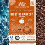 Hightide Harvest pumpkin coffee packaging featuring a medium roast with fragrant, comforting, and balanced flavor notes. Includes icons for whole bean, signature blend, and eco-conscious packaging. Features a clean ocean design with sustainability logos for CleanHub, World Coffee Research, and 1% for the Planet.