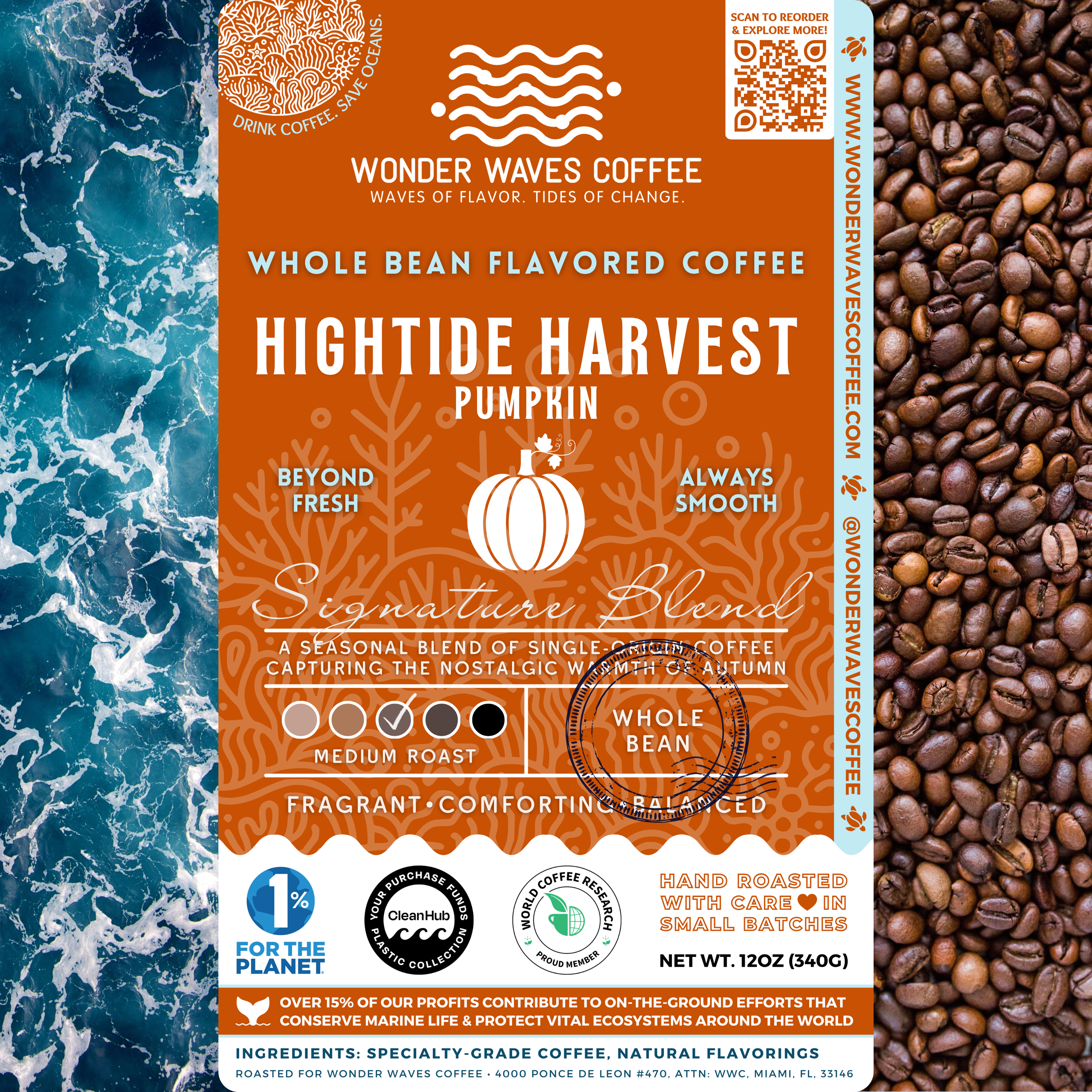 Hightide Harvest pumpkin coffee packaging featuring a medium roast with fragrant, comforting, and balanced flavor notes. Includes icons for whole bean, signature blend, and eco-conscious packaging. Features a clean ocean design with sustainability logos for CleanHub, World Coffee Research, and 1% for the Planet.