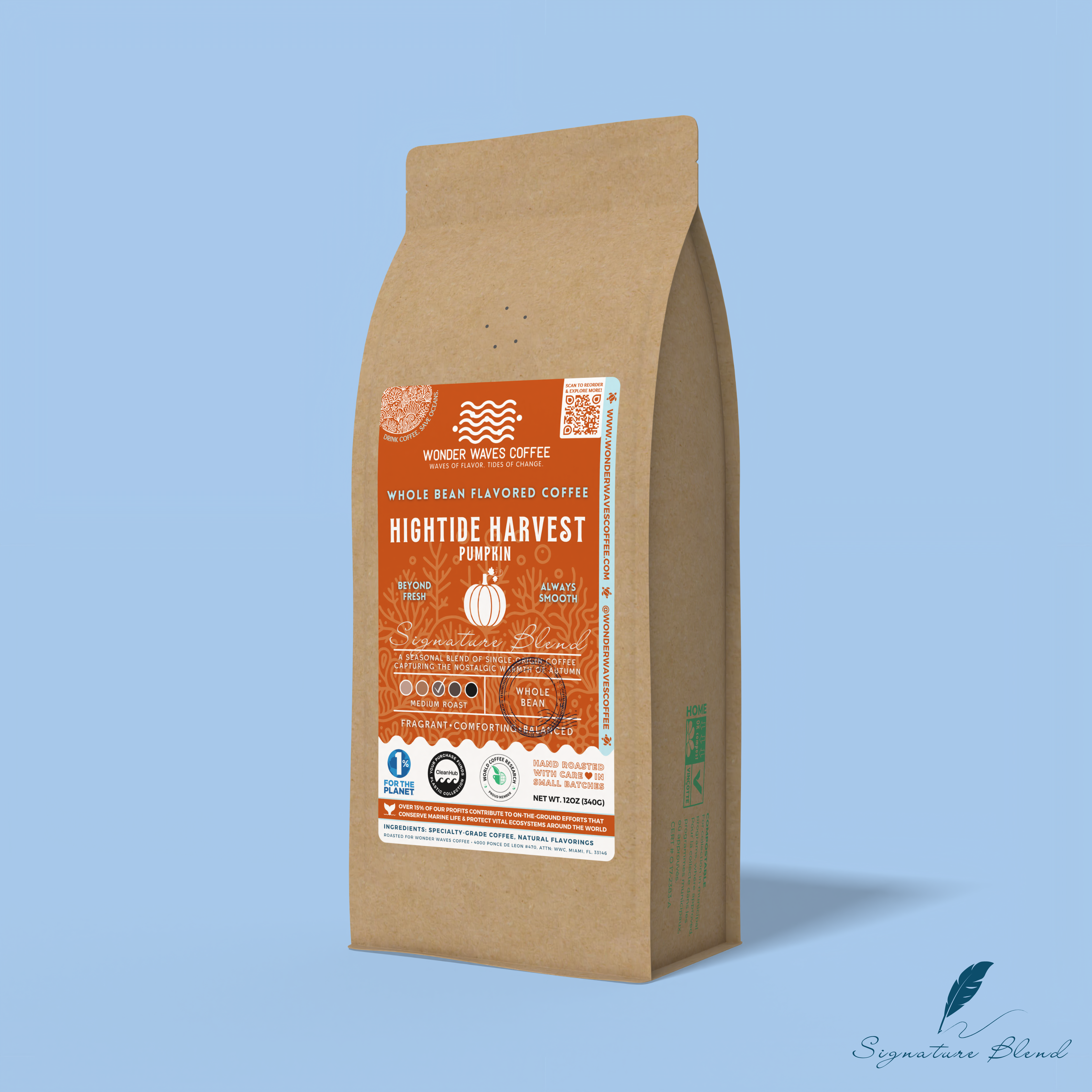 Hightide Harvest pumpkin whole bean coffee packaging with a rustic kraft bag design, featuring a cool blue ocean-themed label with a pumpkin illustration, coffee roast icons, and the ‘Signature Blend’ label. Includes branding for Wonder Waves Coffee, emphasizing its medium roast and eco-friendly packaging.