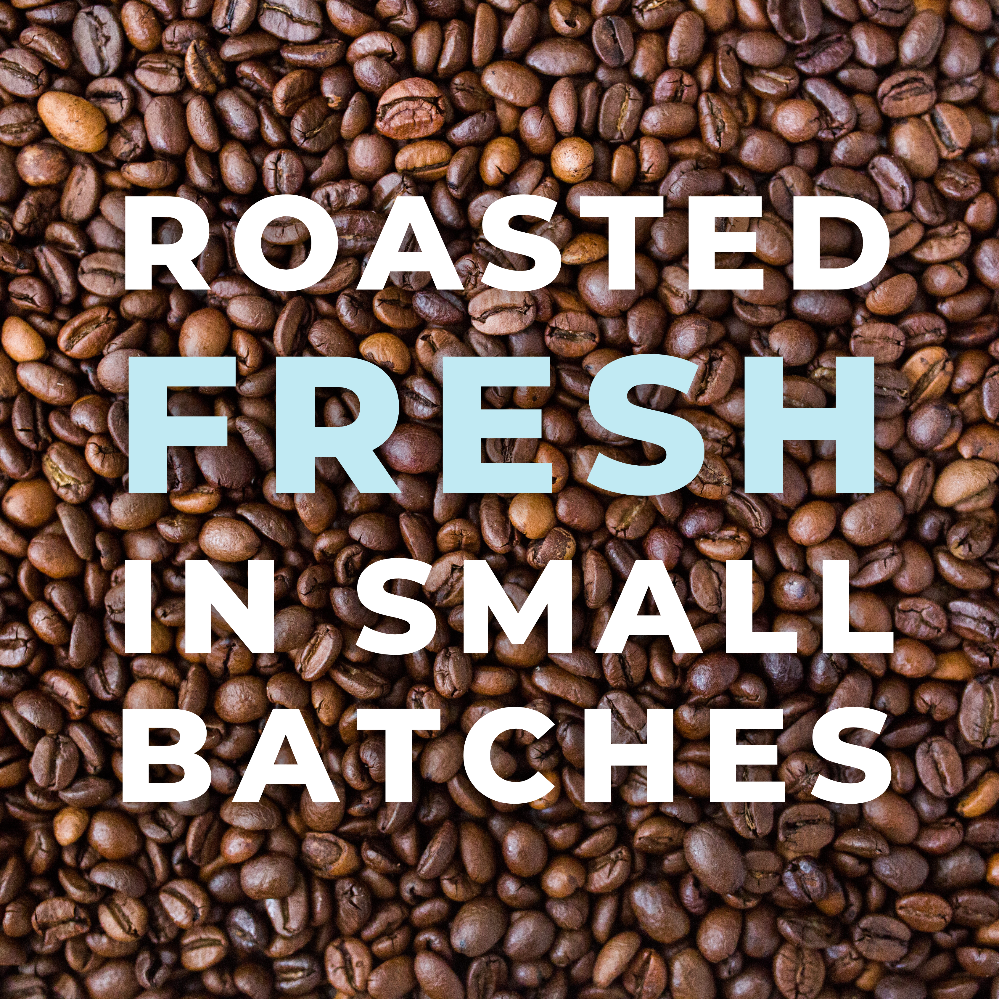 Close-up of roasted coffee beans with the text ‘Roasted Fresh in Small Batches’ overlaying the image, emphasizing the freshness and craftsmanship of the coffee