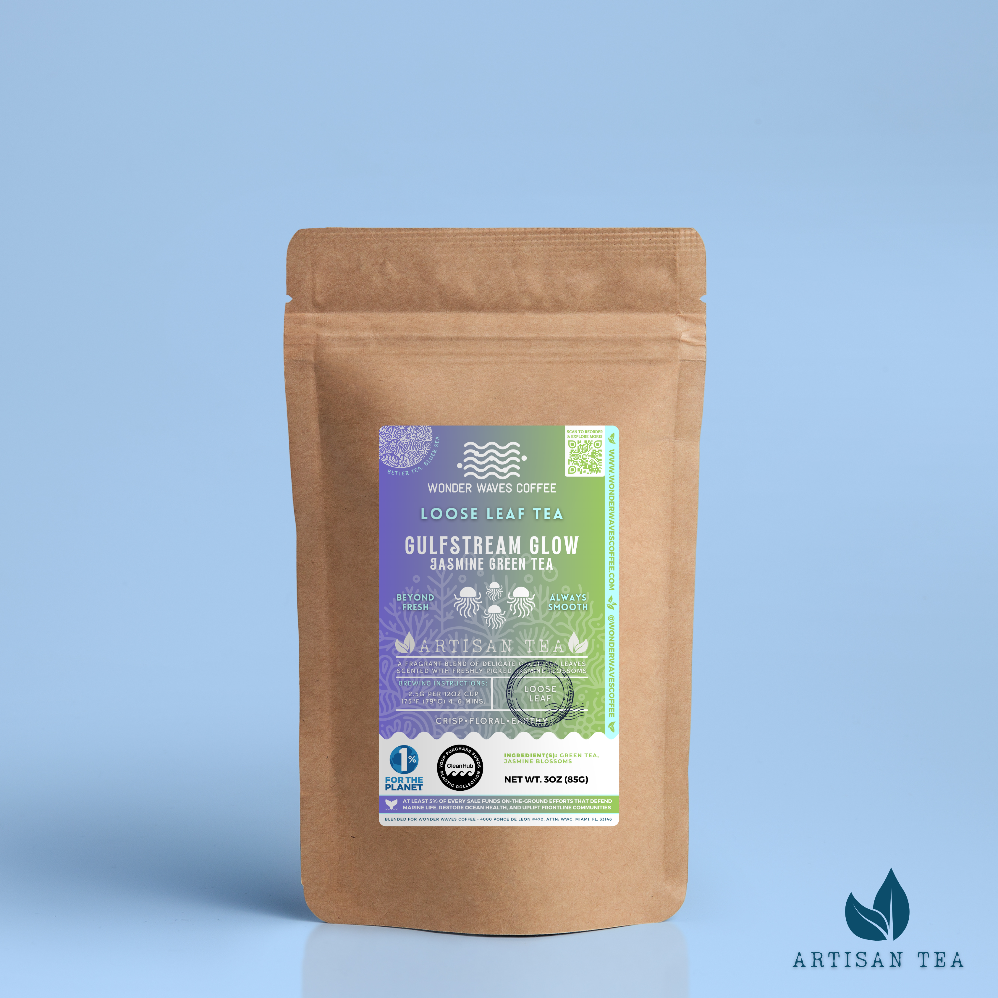 Gulfstream Glow Jasmine Green Tea packaging with a rustic kraft pouch design, featuring a gradient purple-to-green ocean-themed label with jellyfish illustrations, flavor descriptors, and the ‘Artisan Tea’ label. Includes branding for Wonder Waves Coffee, emphasizing its crisp, floral, and earthy profile and eco-friendly packaging.