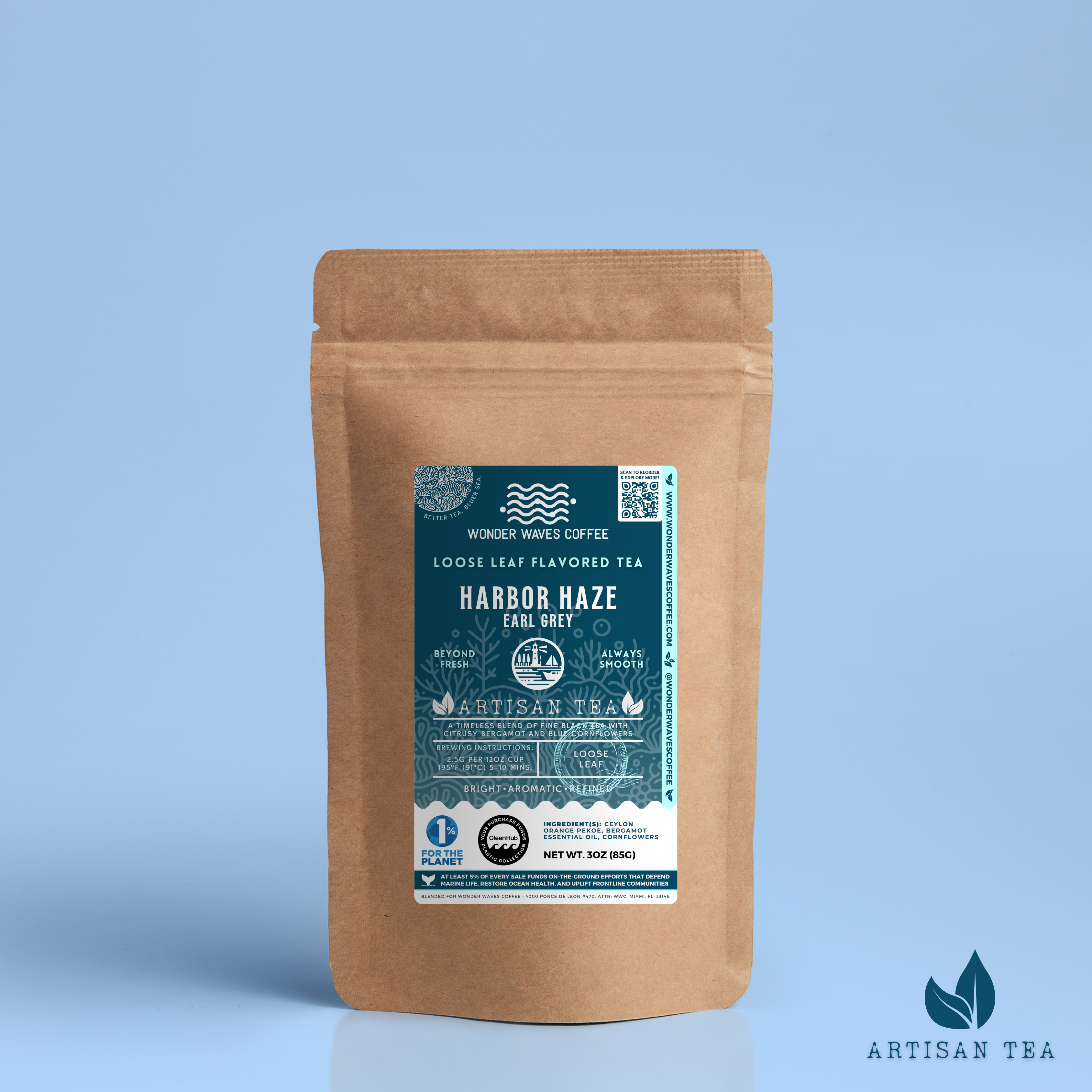 Harbor Haze Earl Grey black tea packaging with a rustic kraft pouch design, featuring a deep teal ocean-themed label with a lighthouse illustration, flavor descriptors, and the ‘Artisan Tea’ label. Includes branding for Wonder Waves Coffee, highlighting its bright, aromatic, and refined character and eco-conscious packaging.