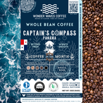 Captain’s Compass Panama coffee packaging featuring a light-medium roast with bright acidity and silky body. Flavor notes include nutty, peach, and mandarin. Sourced from the Boquete, Chiriquí Province at 1,400–1,800 MASL. Includes icons for whole bean and eco-conscious packaging with a clean ocean design and sustainability logos for CleanHub, World Coffee Research, and 1% for the Planet. Marked as Coffee of the Month for October 2025.