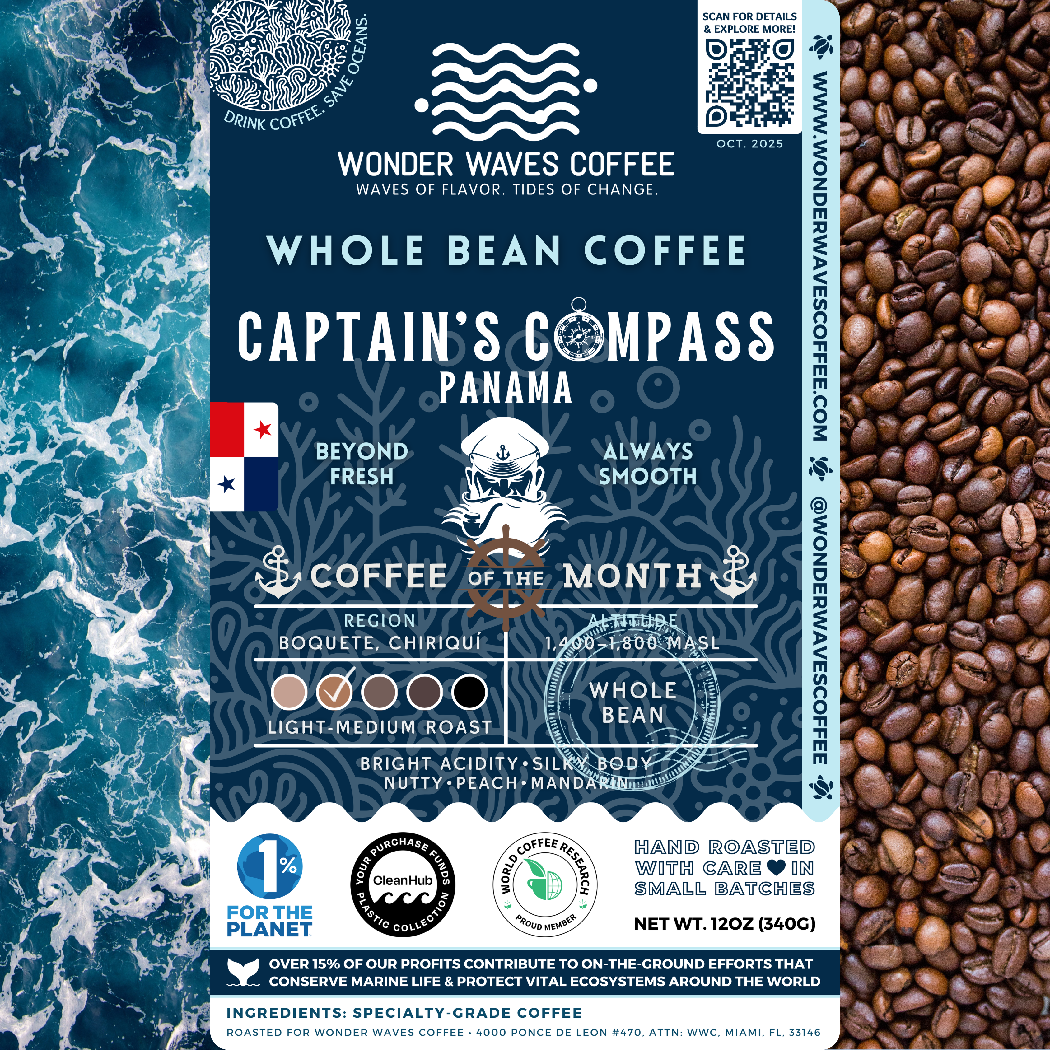 Captain’s Compass Panama coffee packaging featuring a light-medium roast with bright acidity and silky body. Flavor notes include nutty, peach, and mandarin. Sourced from the Boquete, Chiriquí Province at 1,400–1,800 MASL. Includes icons for whole bean and eco-conscious packaging with a clean ocean design and sustainability logos for CleanHub, World Coffee Research, and 1% for the Planet. Marked as Coffee of the Month for October 2025.