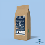 Captain’s Compass Panama coffee packaging featuring a light-medium roast with bright acidity and medium body. Flavor notes include nutty, peach, and mandarin. Sourced from the Boquete, Chiriquí Province at 1,400–1,800 MASL. Includes icons for whole bean and eco-conscious packaging with a clean ocean design and sustainability logos for CleanHub, World Coffee Research, and 1% for the Planet. Marked as Coffee of the Month for October 2025.