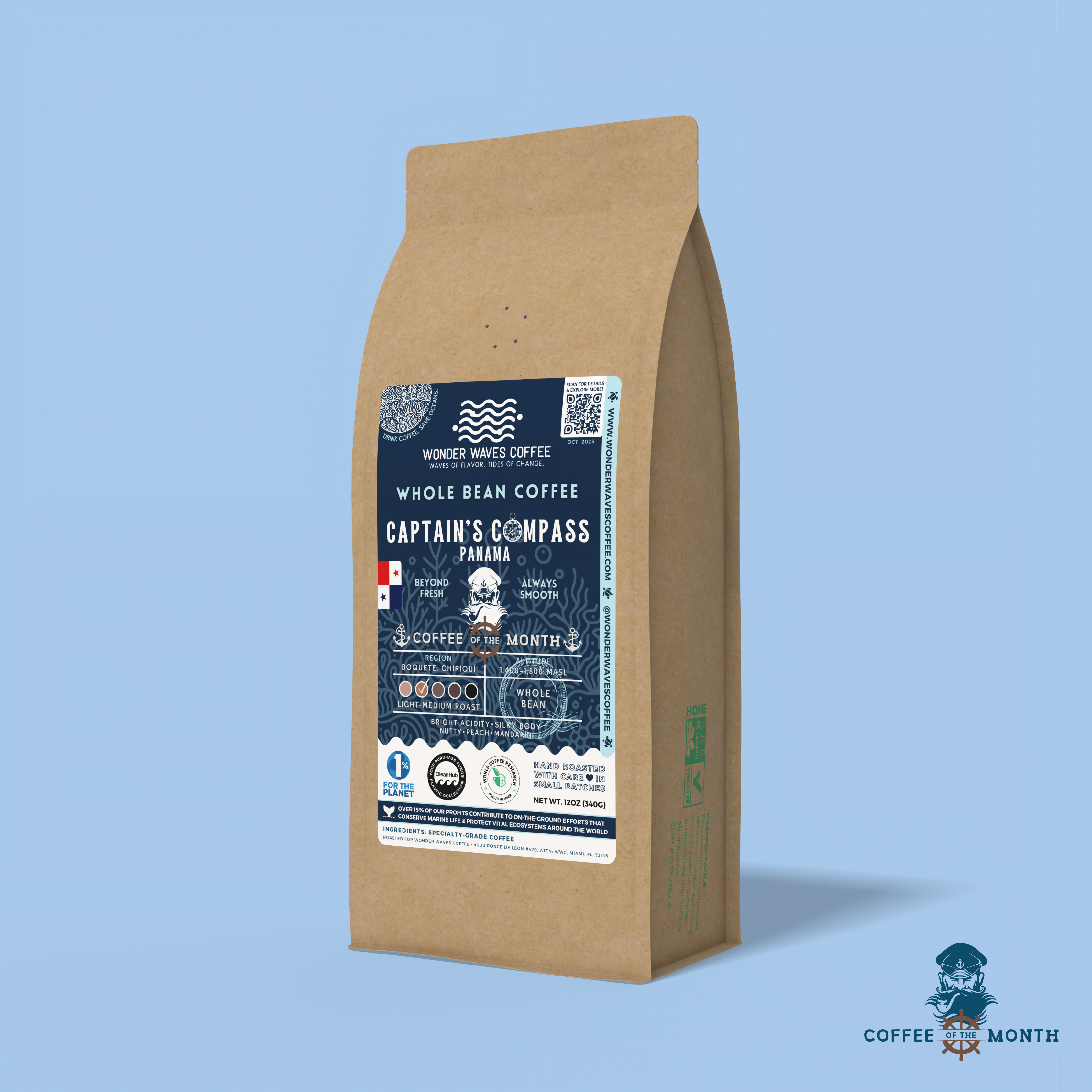 Captain’s Compass Panama coffee packaging featuring a light-medium roast with bright acidity and medium body. Flavor notes include nutty, peach, and mandarin. Sourced from the Boquete, Chiriquí Province at 1,400–1,800 MASL. Includes icons for whole bean and eco-conscious packaging with a clean ocean design and sustainability logos for CleanHub, World Coffee Research, and 1% for the Planet. Marked as Coffee of the Month for October 2025.
