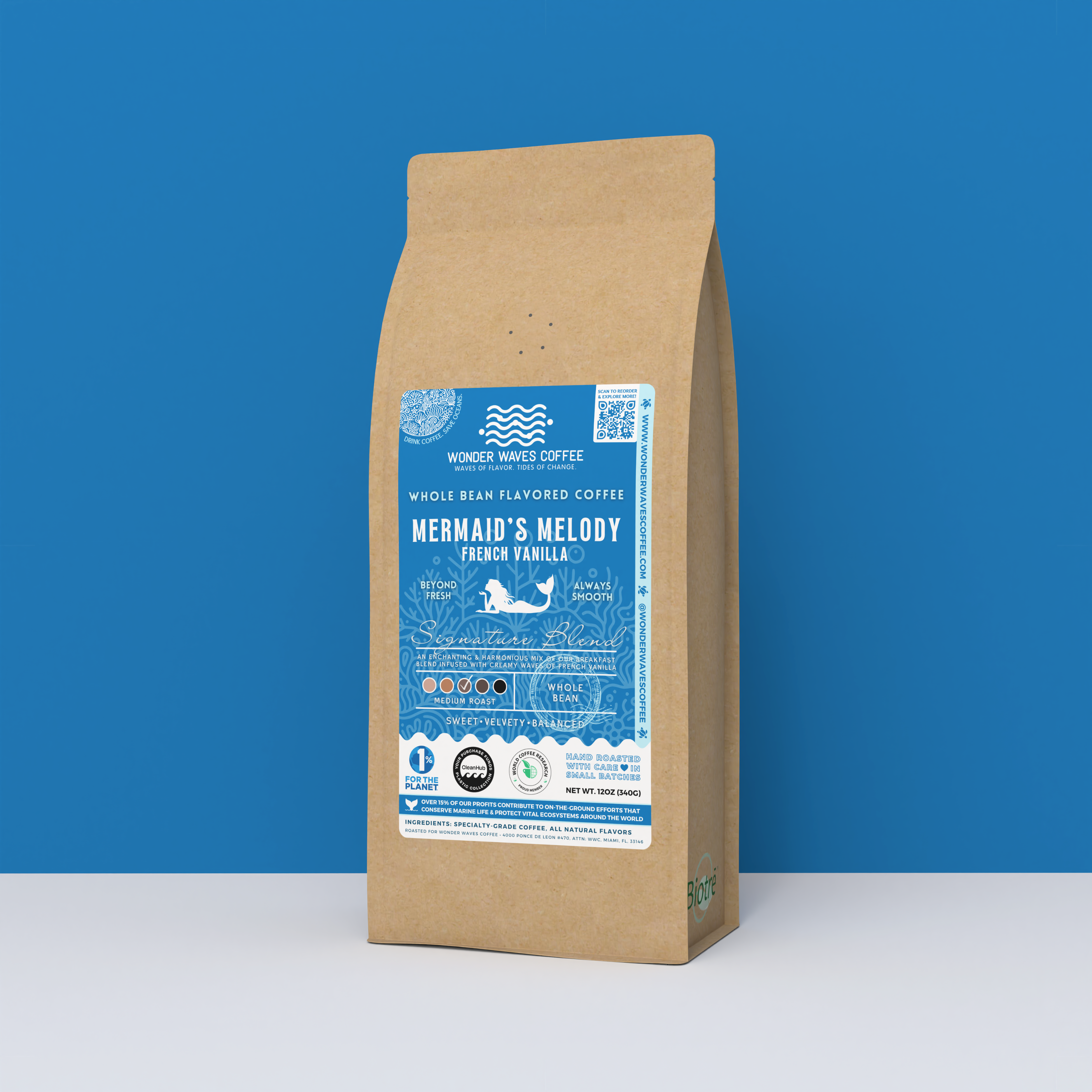 Mermaid’s Melody French Vanilla whole bean coffee packaging with a rustic kraft bag design, featuring a cool blue ocean-themed label with a mermaid illustration, coffee roast icons, and the ‘Signature Blend’ label. Includes branding for Wonder Waves Coffee, emphasizing its medium roast and eco-friendly packaging.