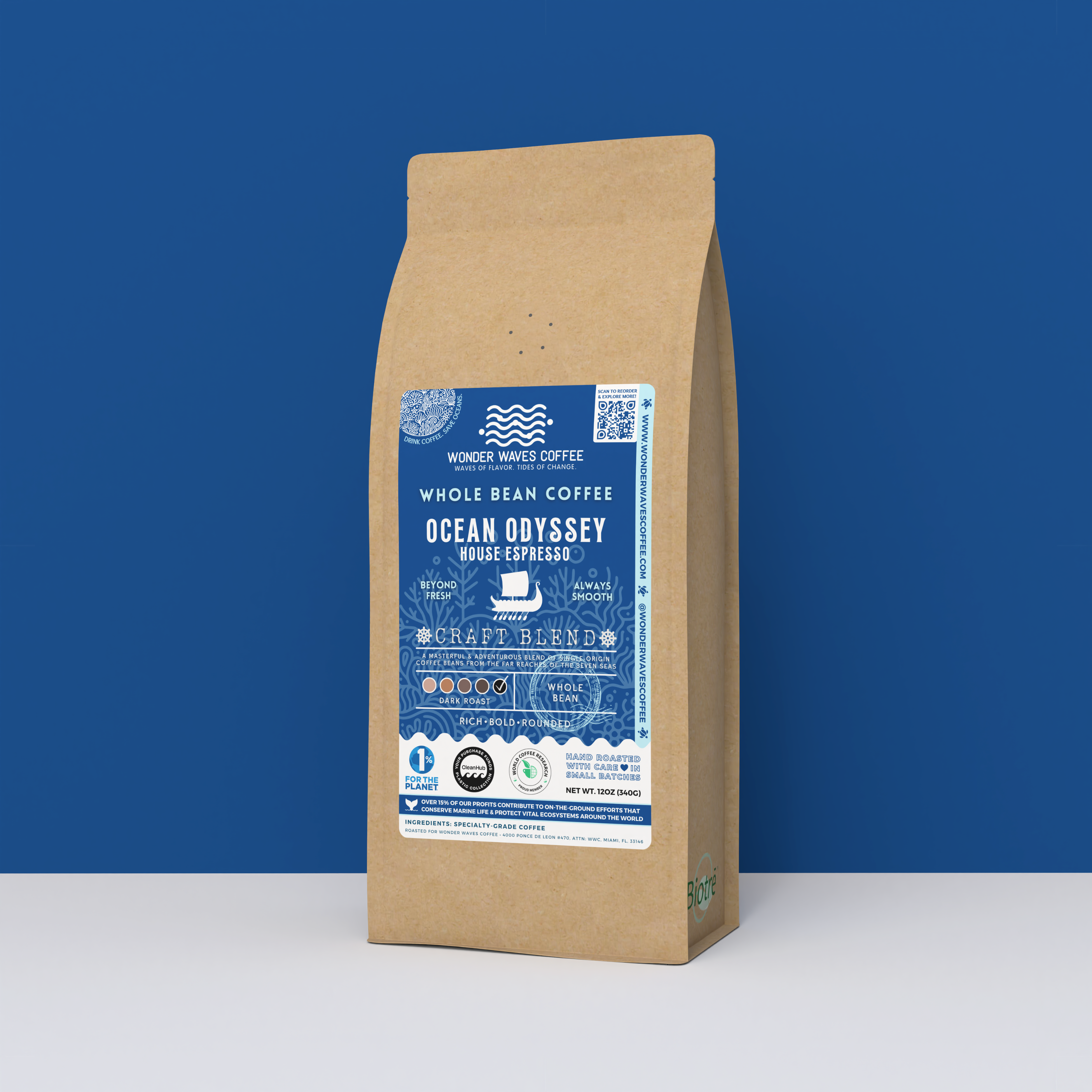 Ocean Odyssey House Espresso whole bean coffee packaging with a rustic kraft bag design, featuring a deep blue ocean-themed label with a sailing ship illustration, coffee roast icons, and the ‘Craft Blend’ label. Includes branding for Wonder Waves Coffee, emphasizing its dark roast and eco-friendly packaging.