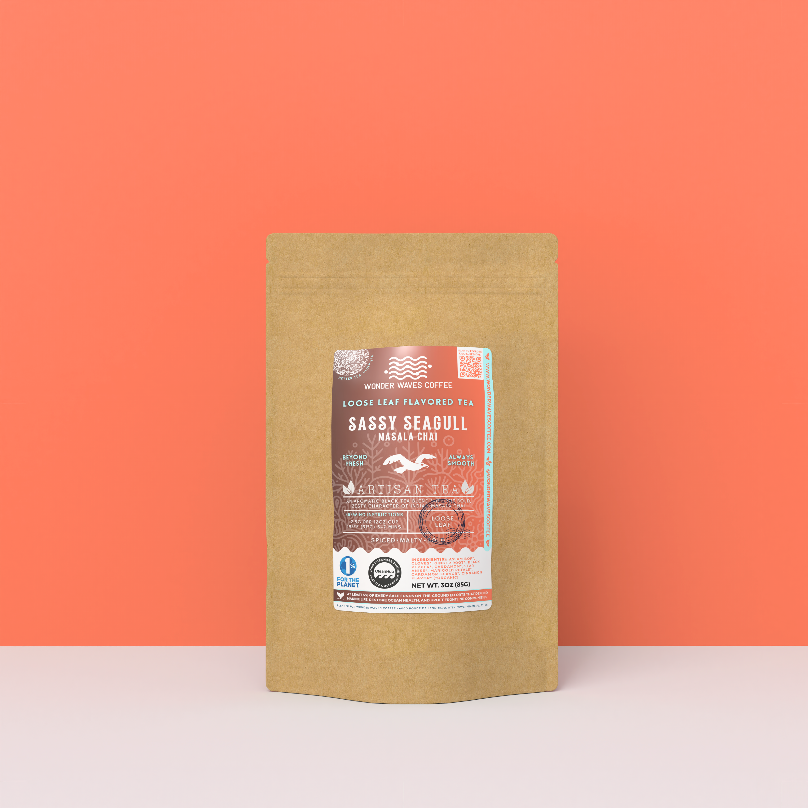 Sassy Seagull Masala Chai black tea packaging with a rustic kraft pouch design, featuring a warm brown-orange ocean-themed label with a flying seagull illustration, flavor descriptors, and the ‘Artisan Tea’ label. Includes branding for Wonder Waves Coffee, highlighting its spiced, malty, and bold profile and eco-friendly packaging.