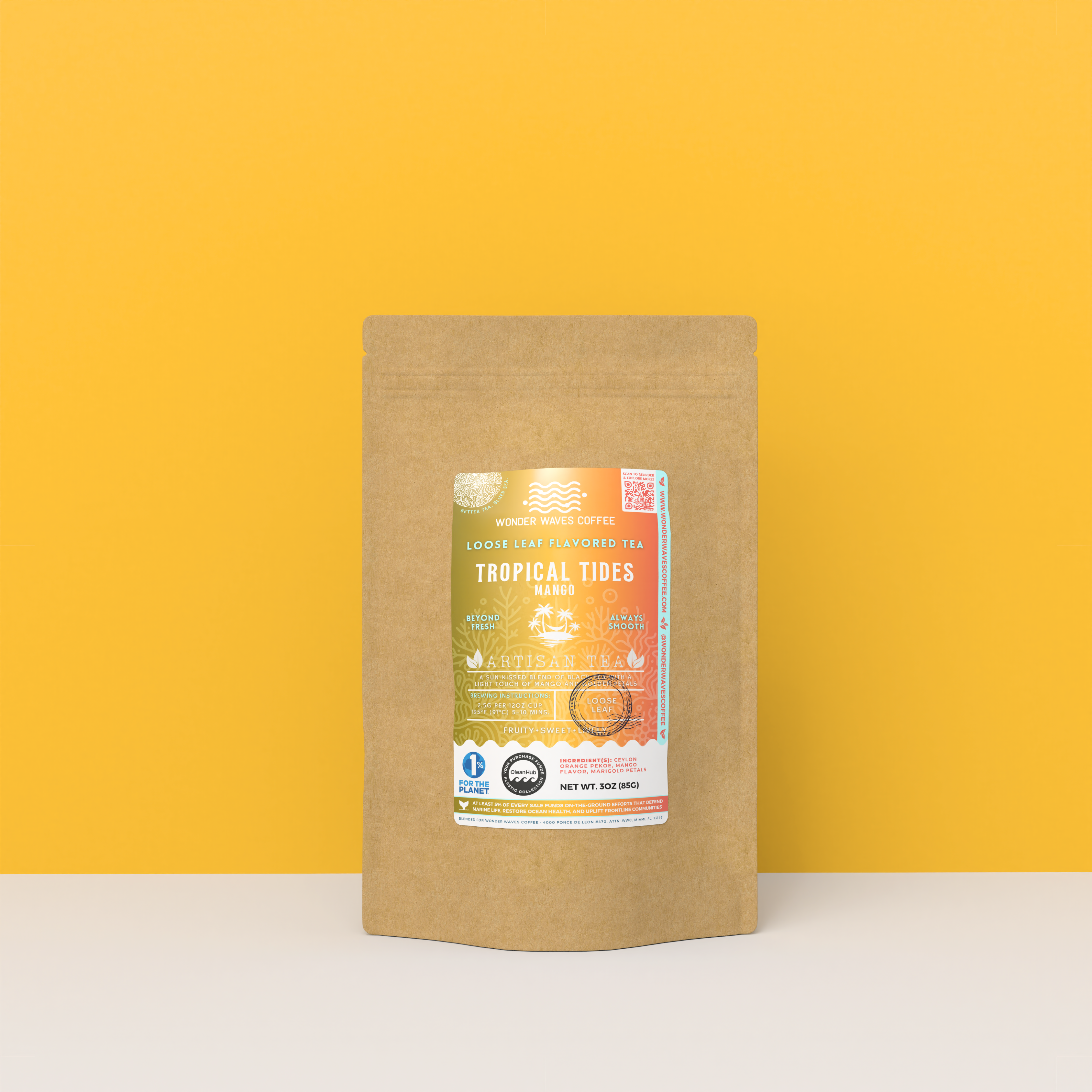 Tropical Tides Mango black tea packaging with a rustic kraft pouch design, featuring a golden-orange ocean-themed label with a hammock and palm tree illustration, flavor notes, and the ‘Artisan Tea’ label. Includes branding for Wonder Waves Coffee, highlighting its fruity, sweet, and lively character and sustainable packaging.