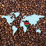 World map overlay on a bed of roasted coffee beans with a Kenyan flag marker highlighting the coffee’s origin in East Africa