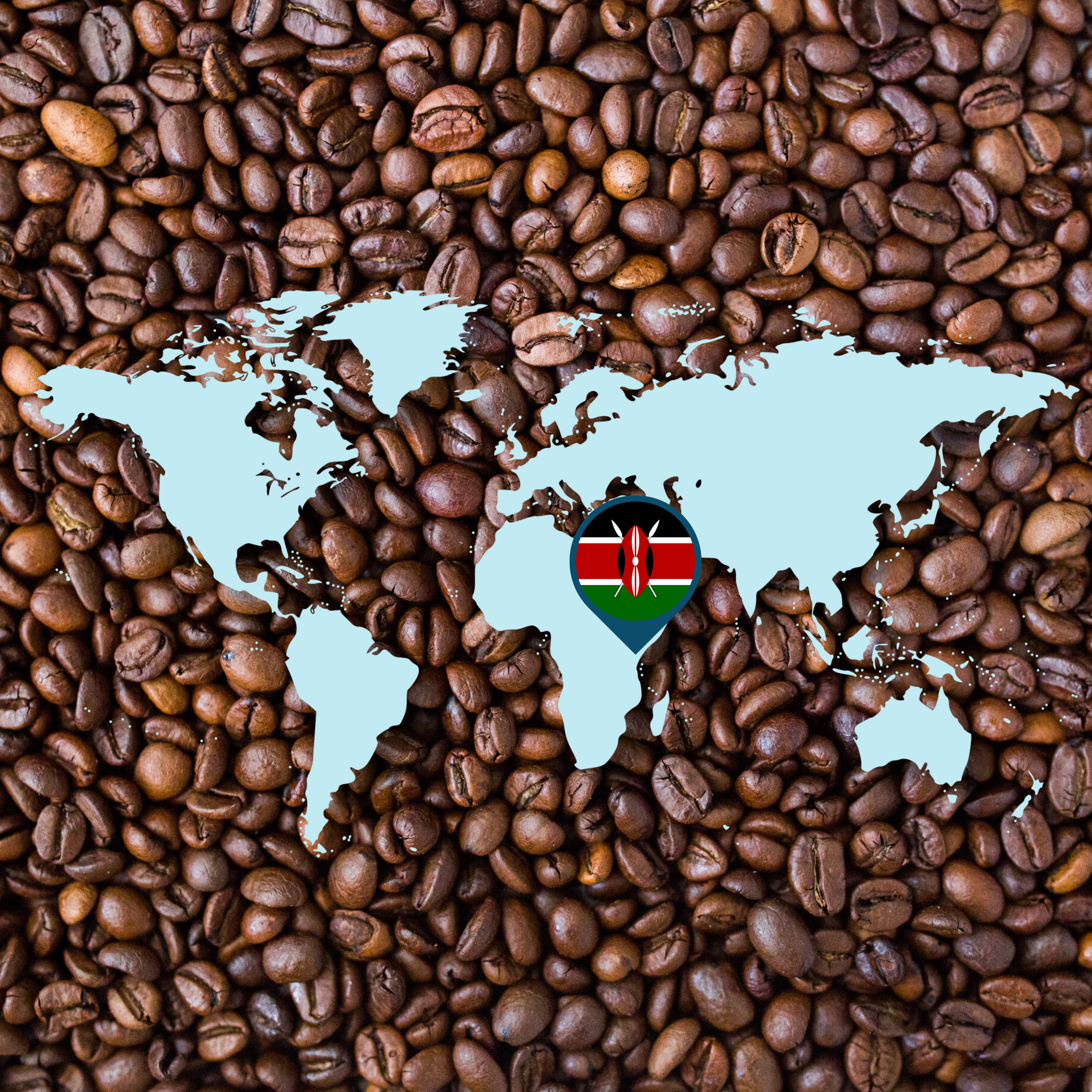 World map overlay on a bed of roasted coffee beans with a Kenyan flag marker highlighting the coffee’s origin in East Africa