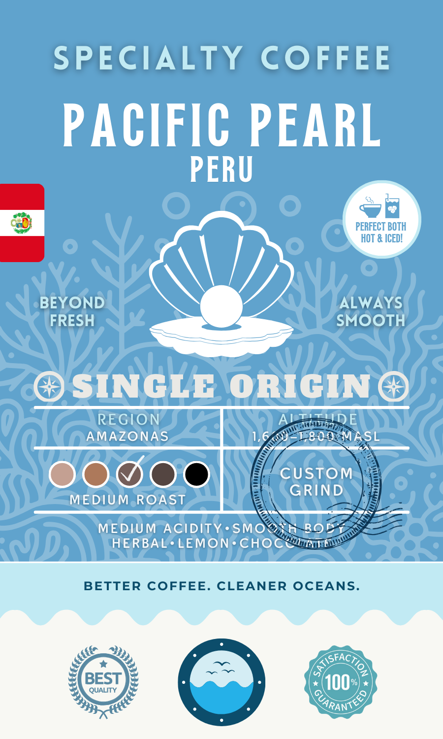 Pacific Pearl Peru Single Origin coffee packaging featuring a medium roast with medium acidity, smooth body, and tasting notes of herbal, lemon, and chocolate. Eco-conscious branding supporting cleaner oceans.