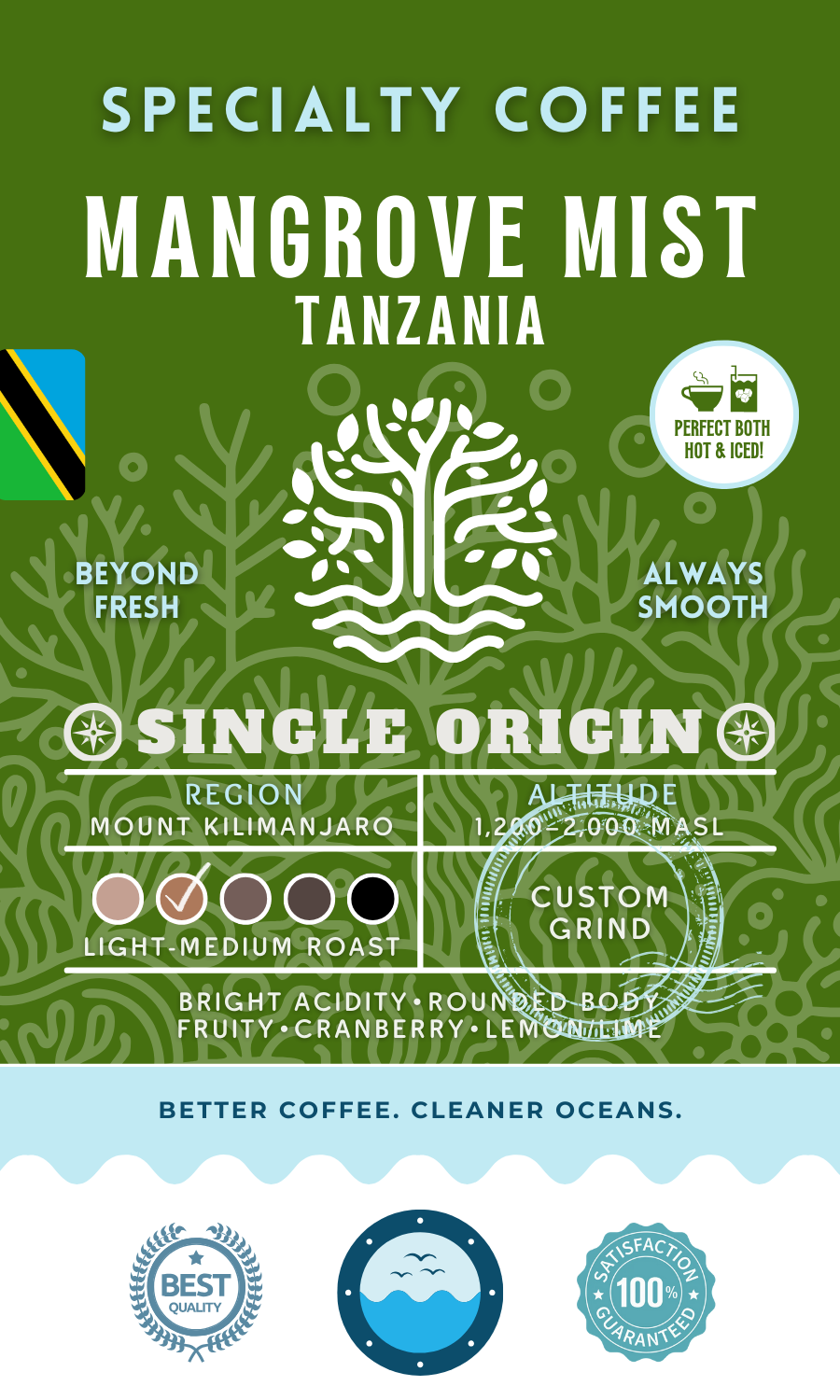 Mangrove Mist Tanzania Single Origin coffee packaging featuring a light-medium roast with bright acidity, rounded body, and tasting notes of fruity cranberry and lemon lime. Eco-conscious branding supporting cleaner oceans.