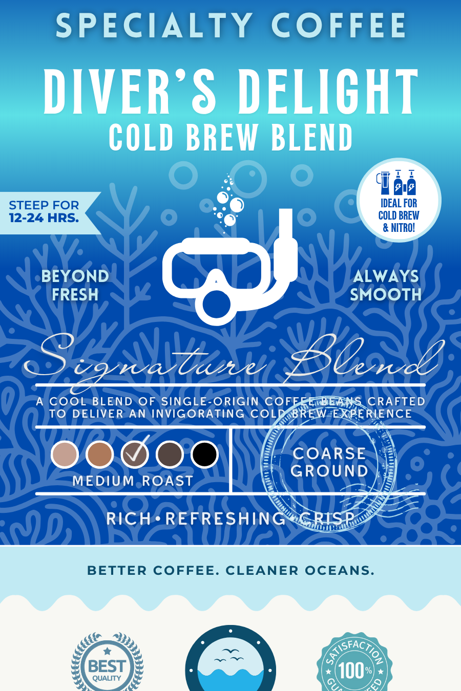 Diver's Delight Cold Brew Blend coffee packaging featuring a medium roast signature blend with rich, refreshing, and crisp flavors. Eco-conscious branding supporting cleaner oceans.