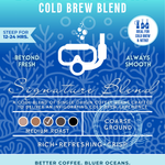 Diver's Delight Cold Brew Blend coffee packaging featuring a medium roast signature blend with rich, refreshing, and crisp flavors. Eco-conscious branding supporting cleaner oceans.