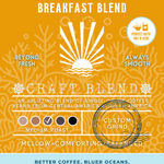 Seaside Sunrise Breakfast Blend coffee packaging featuring a medium roast with mellow, comforting, and balanced flavors. A craft blend perfect hot or iced, with eco-conscious branding supporting cleaner oceans.